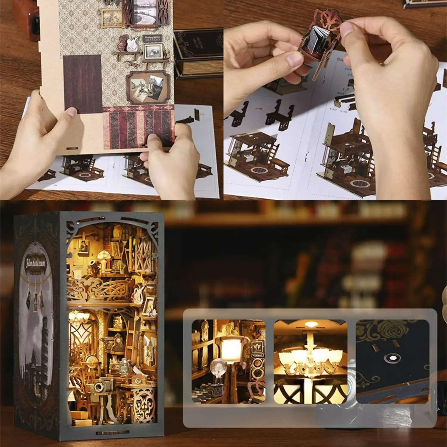 Cuarto de Revelado. Book Nook de madera, diseño 3D realista con gran detalle, cubierta y luces led. 405 piezas.
