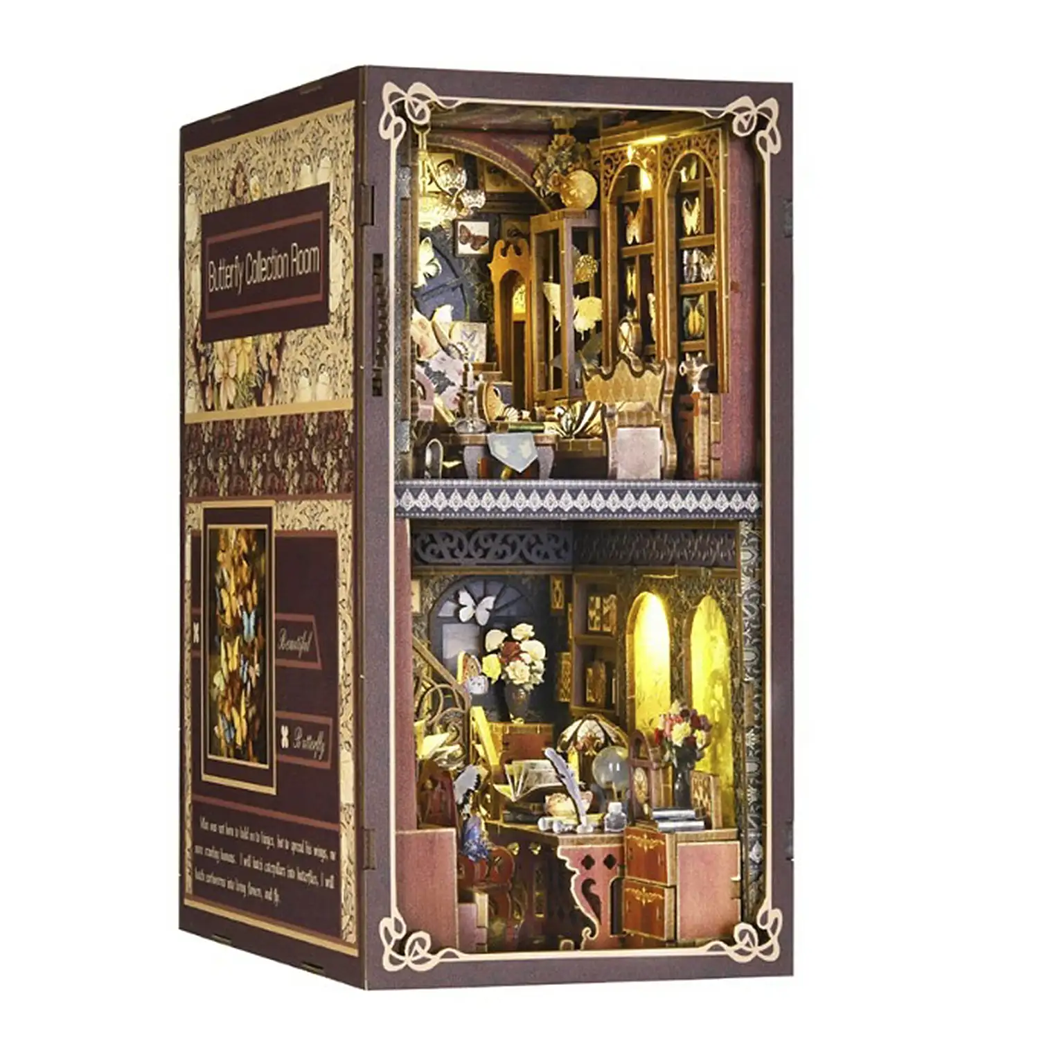 Colección de Mariposas. Book Nook de madera, diseño 3D realista con gran detalle, cubierta y luces led.