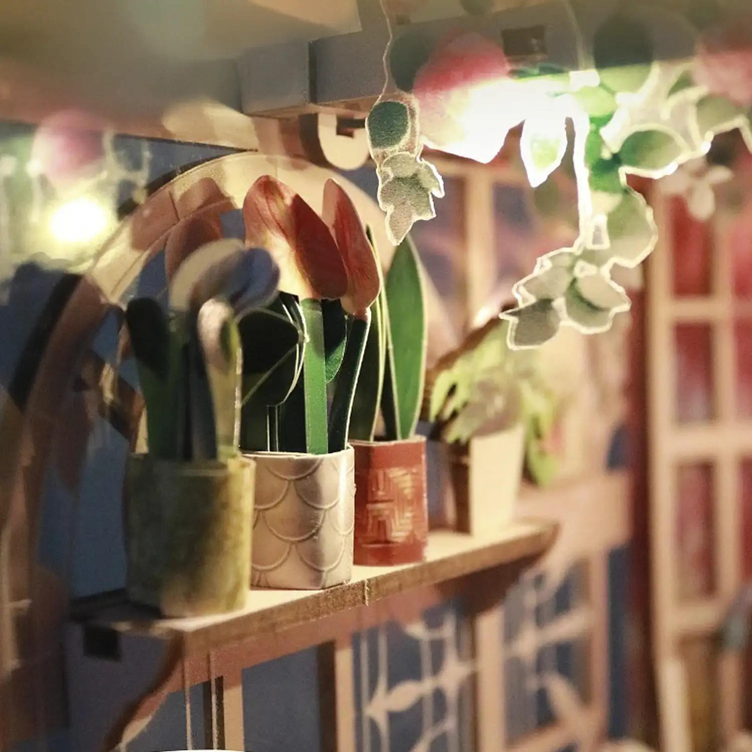 Estudio en el jardín. Book Nook de madera, diseño 3D realista con gran detalle, cubierta y luces led.
