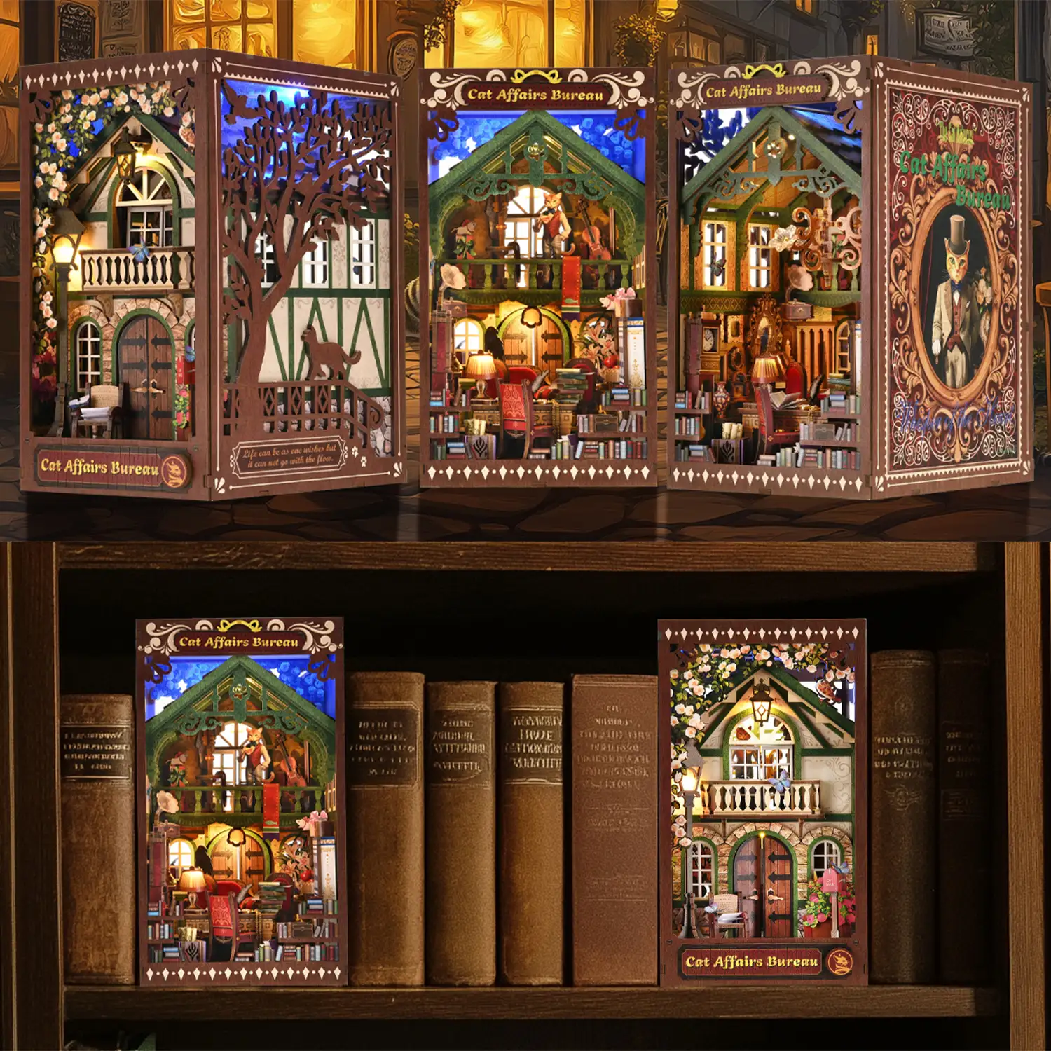 Oficina de Gatos. Book Nook de madera, diseño 3D realista con gran detalle, cubierta y luces led.
