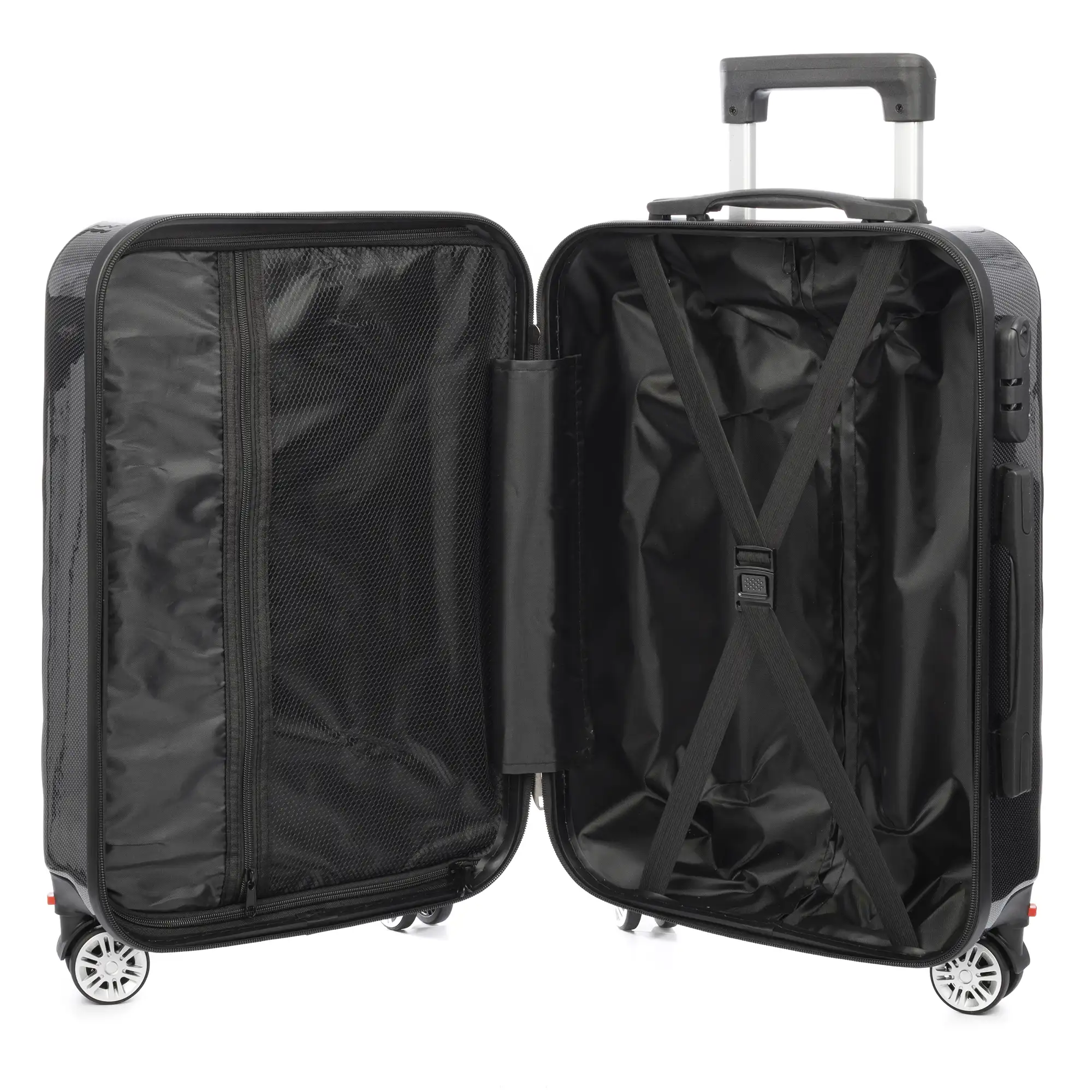Maleta de cabina Trolley en material ligero de ABS + PC de alta resistencia. Cerradura numérica y 4 ruedas dobles extraíbles y giratorias 360°.