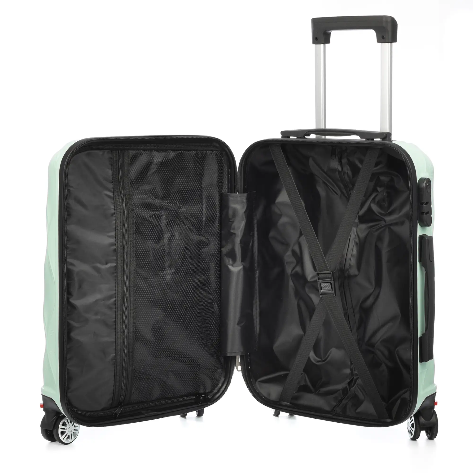 Maleta de cabina Trolley en material ligero de ABS de alta resistencia. Cerradura numérica y 4 ruedas dobles extraíbles y giratorias 360°.