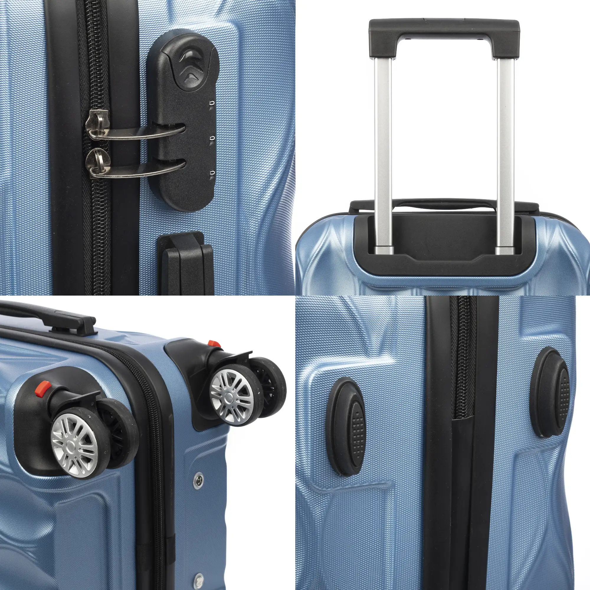 Maleta de cabina Trolley en material ligero de ABS de alta resistencia. Cerradura numérica y 4 ruedas dobles extraíbles y giratorias 360°.