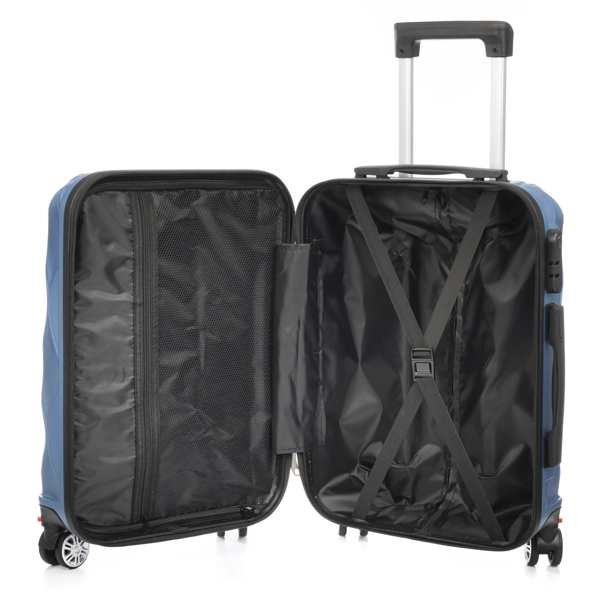 Maleta de cabina Trolley en material ligero de ABS de alta resistencia. Cerradura numérica y 4 ruedas dobles extraíbles y giratorias 360°.