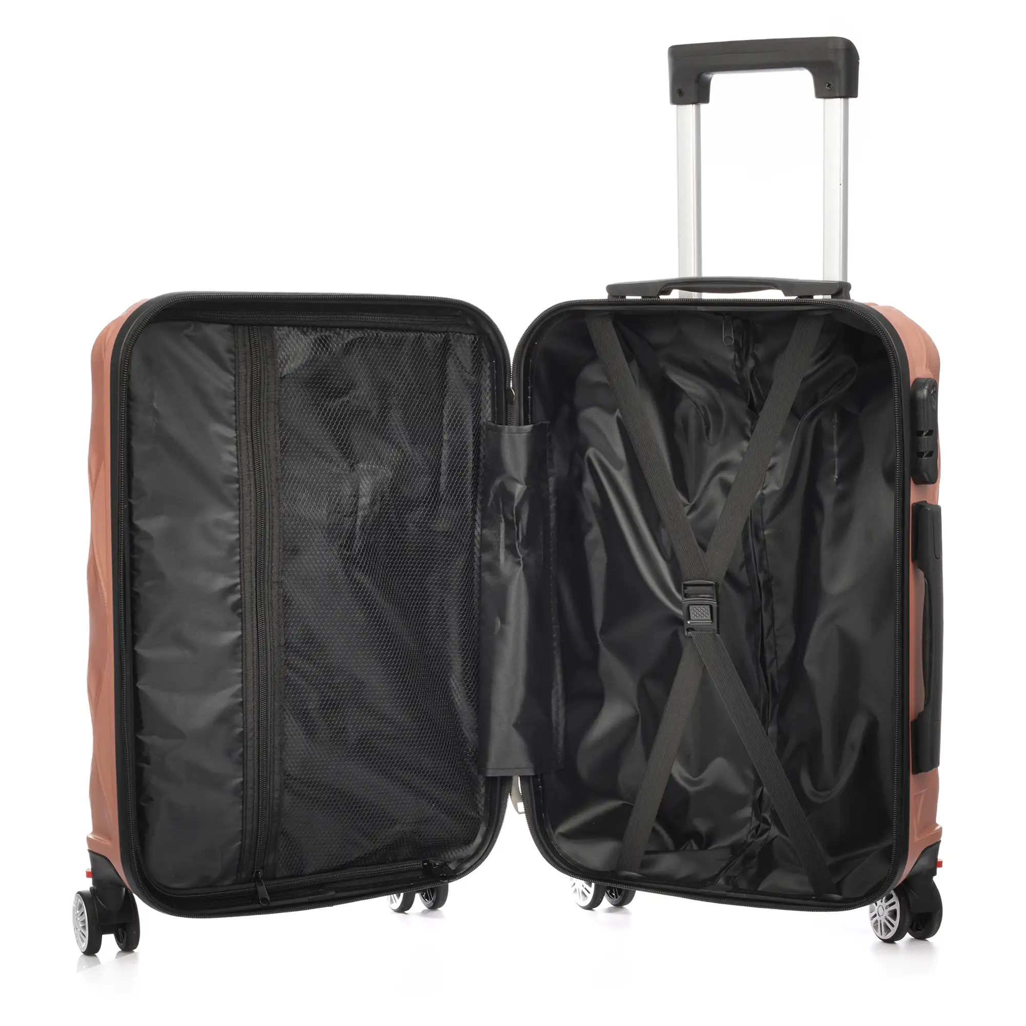 Maleta de cabina Trolley en material ligero de ABS de alta resistencia. Cerradura numérica y 4 ruedas dobles extraíbles y giratorias 360°.