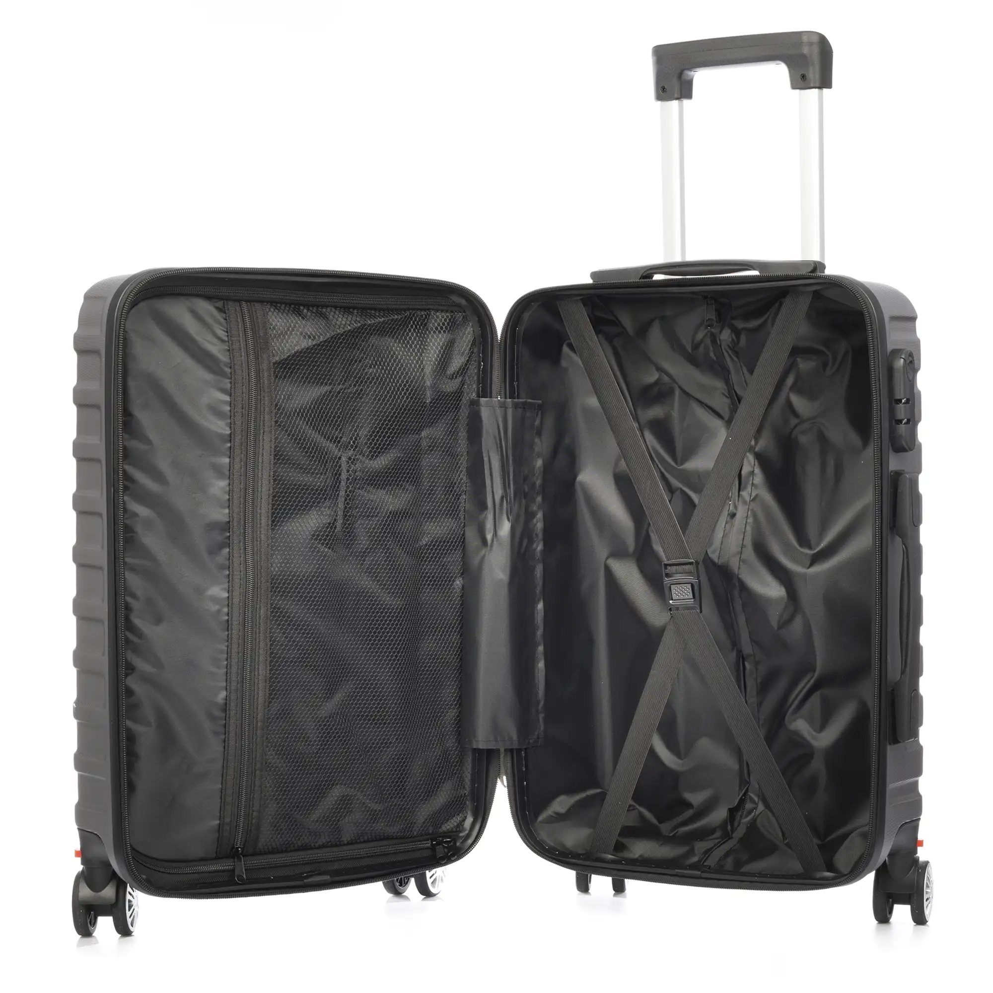 Maleta de cabina Trolley en material ligero de ABS de alta resistencia. Cerradura numérica y 4 ruedas dobles extraíbles y giratorias 360°.