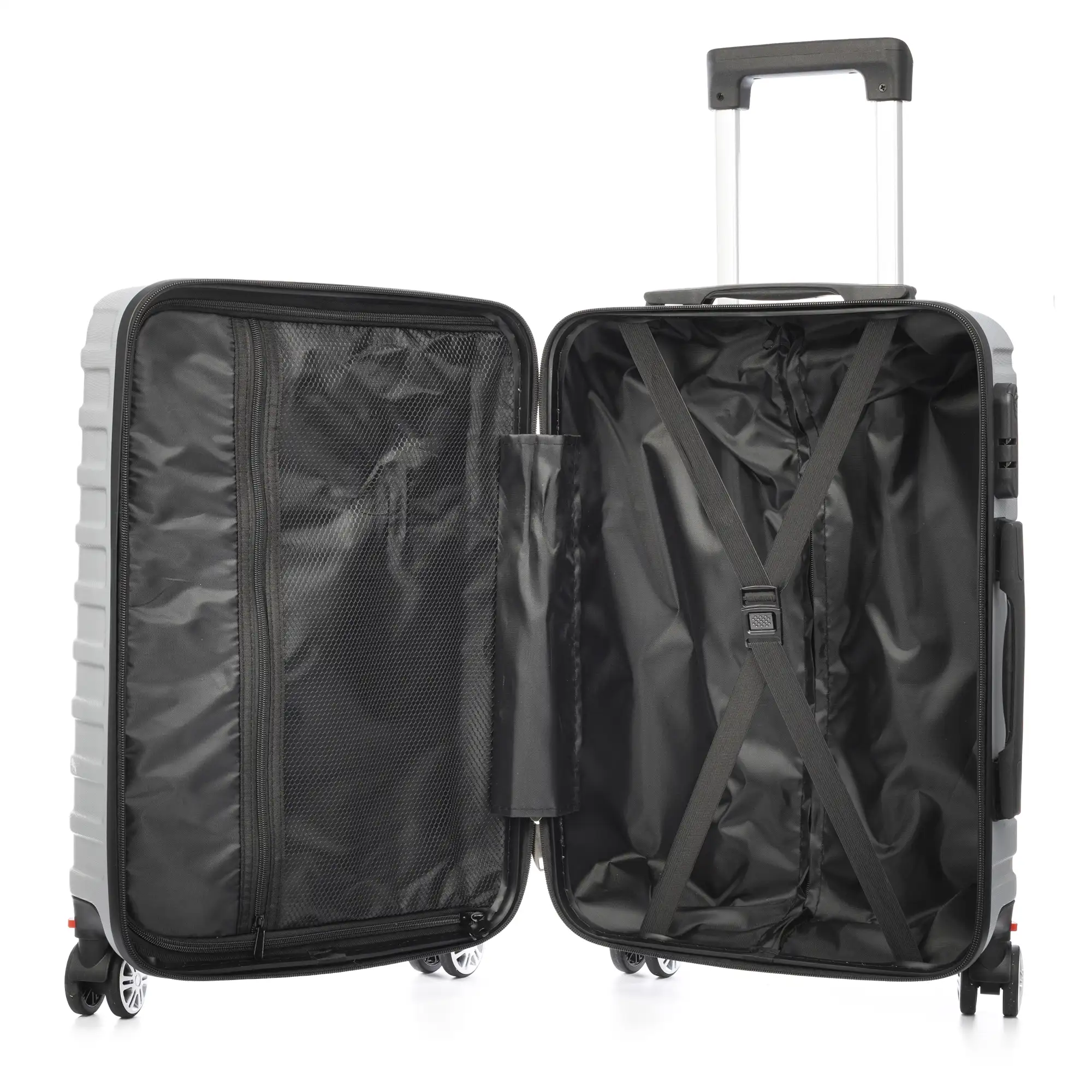Maleta de cabina Trolley en material ligero de ABS de alta resistencia. Cerradura numérica y 4 ruedas dobles extraíbles y giratorias 360°.