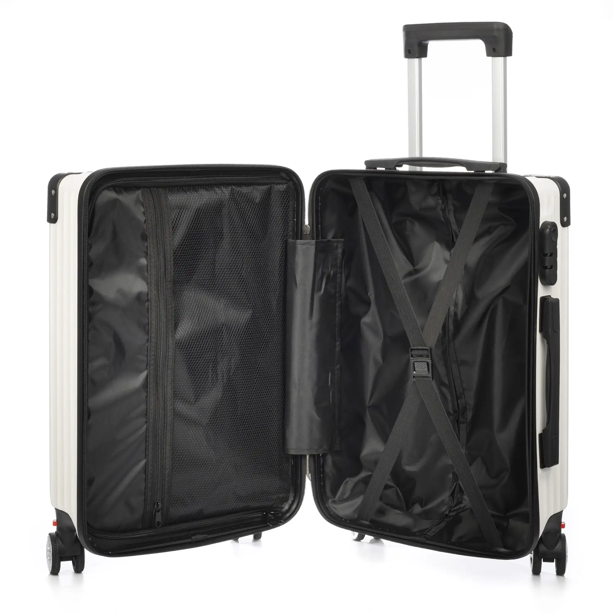 Maleta de cabina Trolley en material ligero de ABS de alta resistencia con esquinas reforzadas. Cerradura numérica y 4 ruedas dobles extraíbles y giratorias 360°.