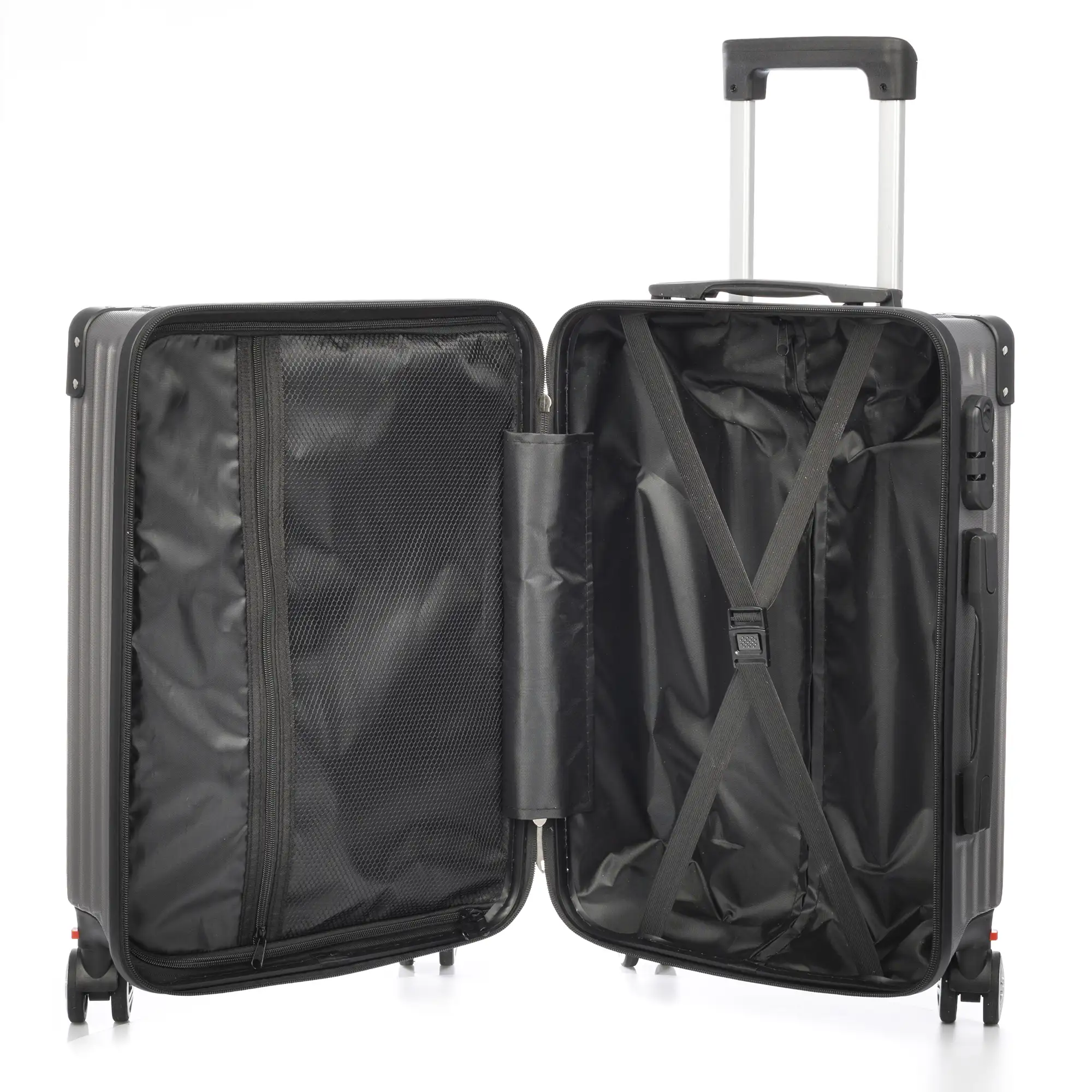 Maleta de cabina Trolley en material ligero de ABS de alta resistencia con esquinas reforzadas. Cerradura numérica y 4 ruedas dobles extraíbles y giratorias 360°.