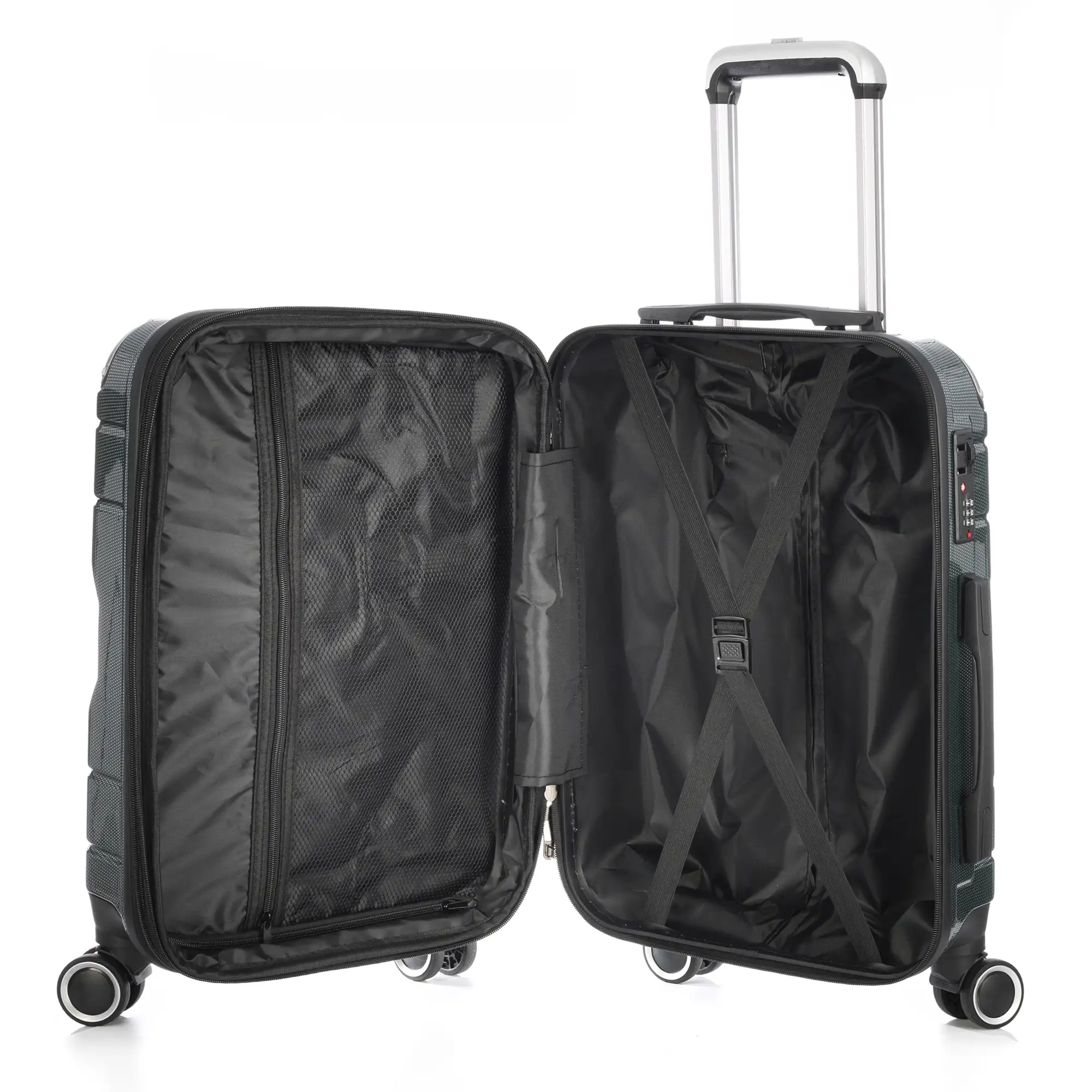 Maleta de cabina Trolley extensible en material ligero de ABS+PC de alta resistencia con esquinas reforzadas. Cerradura numérica TSA, 4 ruedas dobles extraíbles y giratorias 360°.