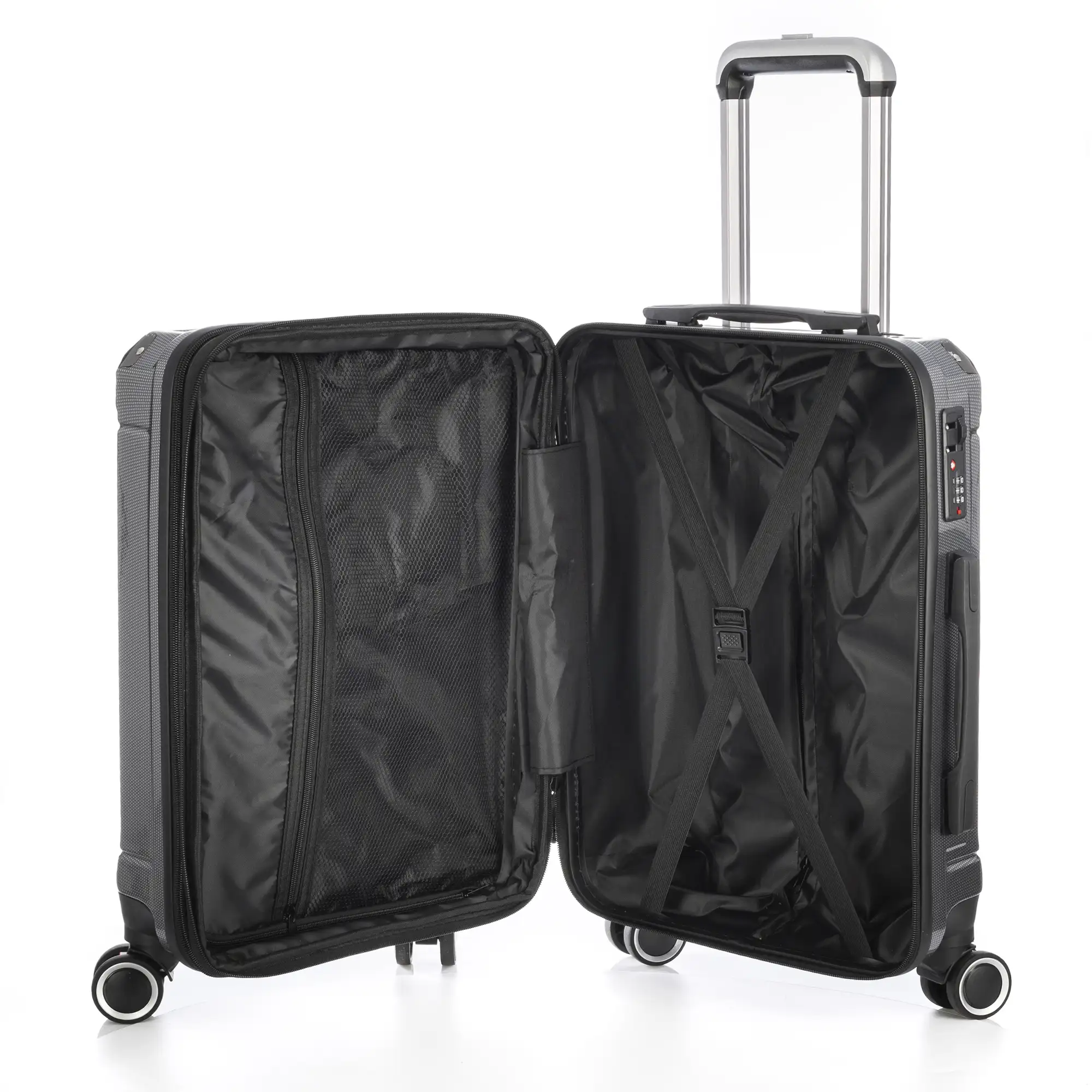 Maleta de cabina Trolley extensible en material ligero de ABS+PC de alta resistencia con esquinas reforzadas. Cerradura numérica TSA, 4 ruedas dobles extraíbles y giratorias 360°.