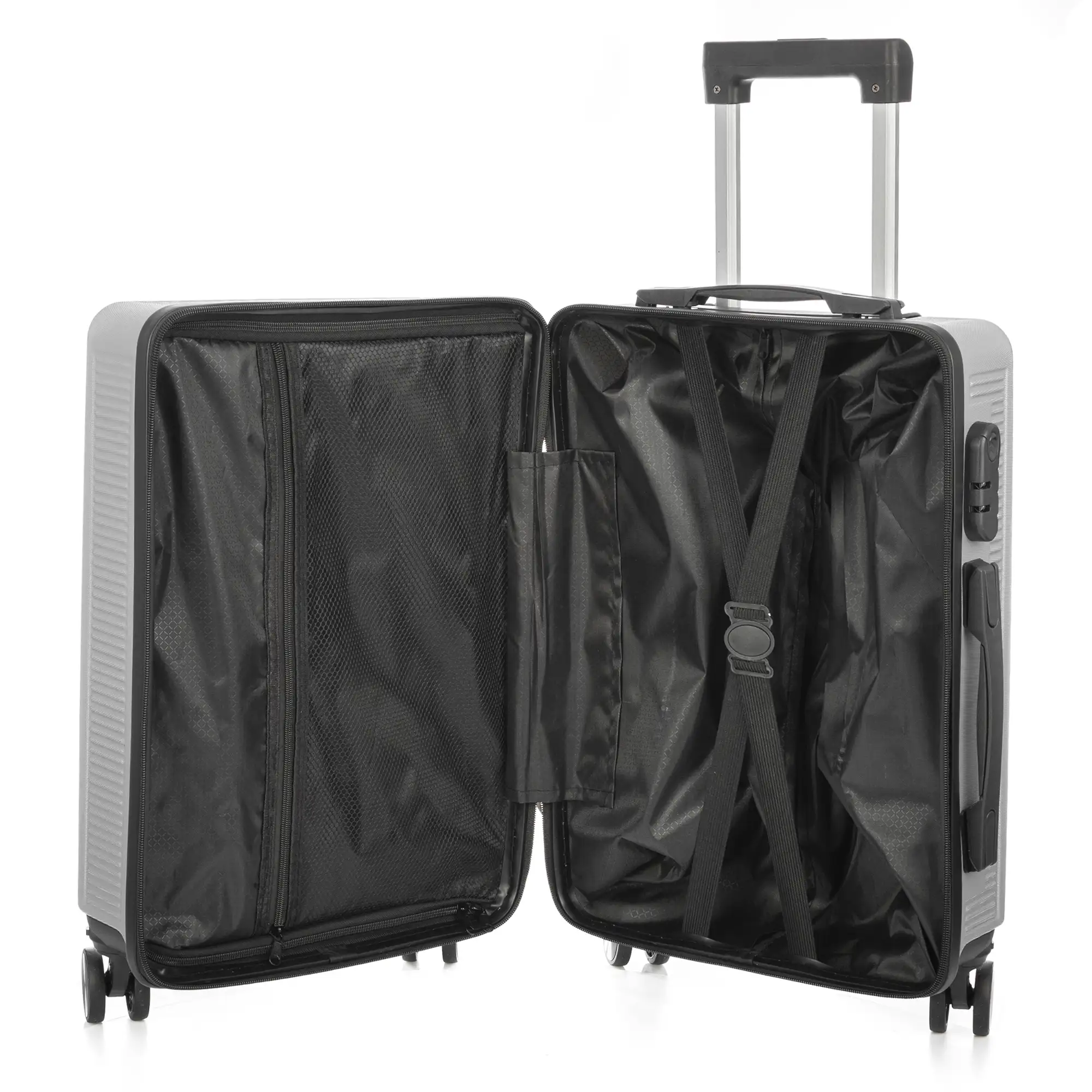 Maleta gran volumen trolley rígida ultraligera, de ABS de alta resistencia. Cerradura numérica y 4 ruedas dobles extraíbles y giratorias 360°.