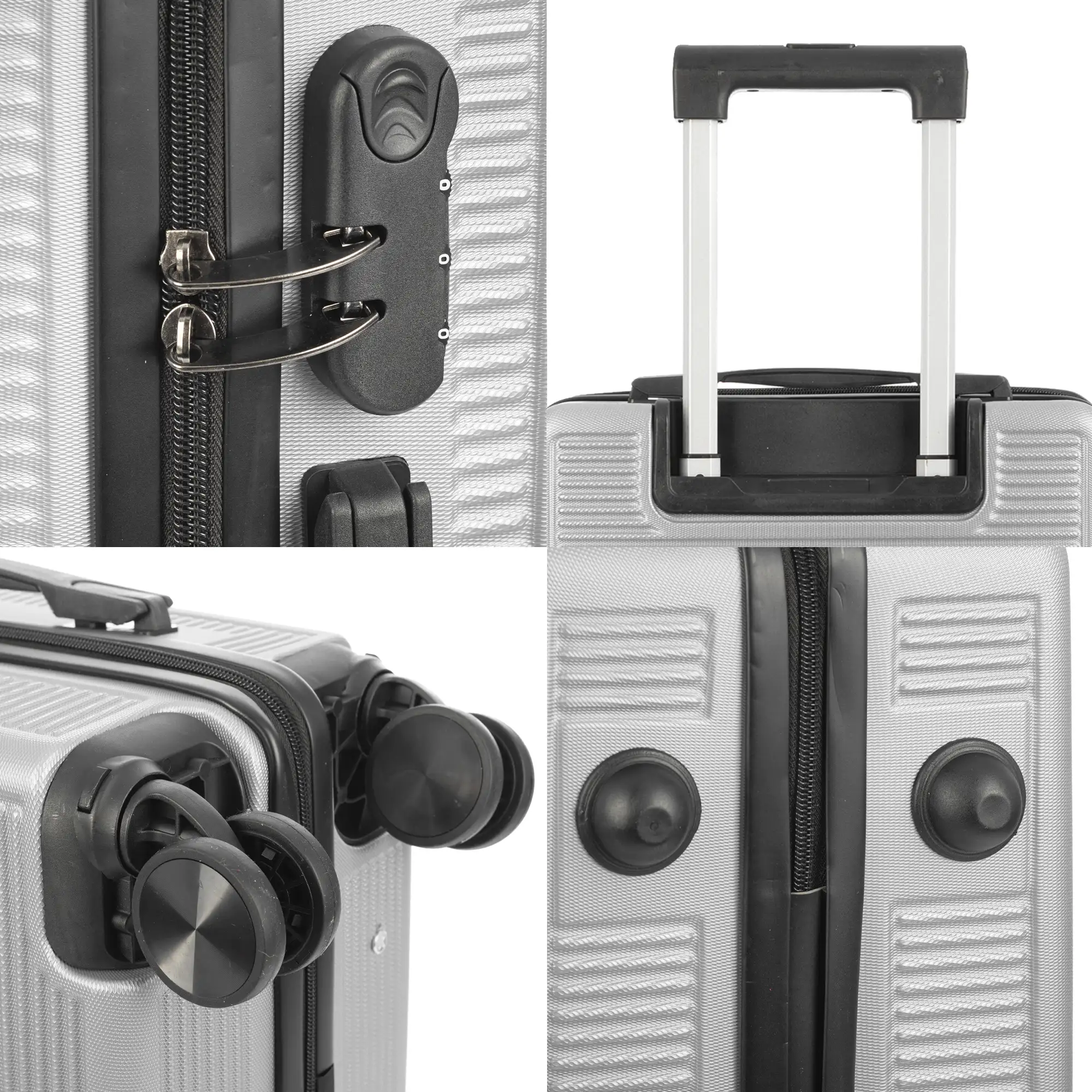 Juego de 3 maletas Trolley, en material ligero ABS de alta resistencia. Cerradura numérica y 4 ruedas dobles extraíbles y giratorias 360°.