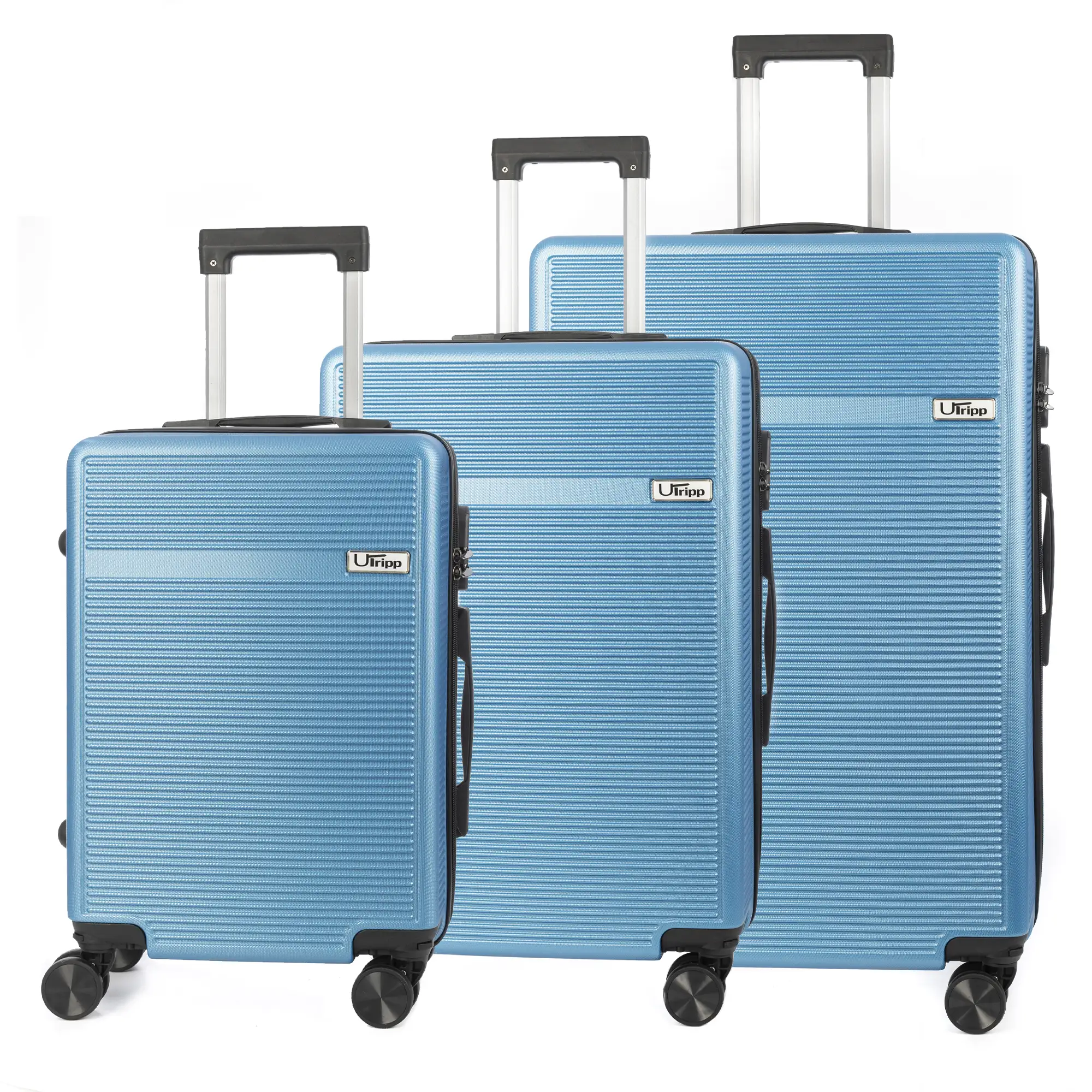 Juego de 3 maletas Trolley, en material ligero ABS de alta resistencia. Cerradura numérica y 4 ruedas dobles extraíbles y giratorias 360°.