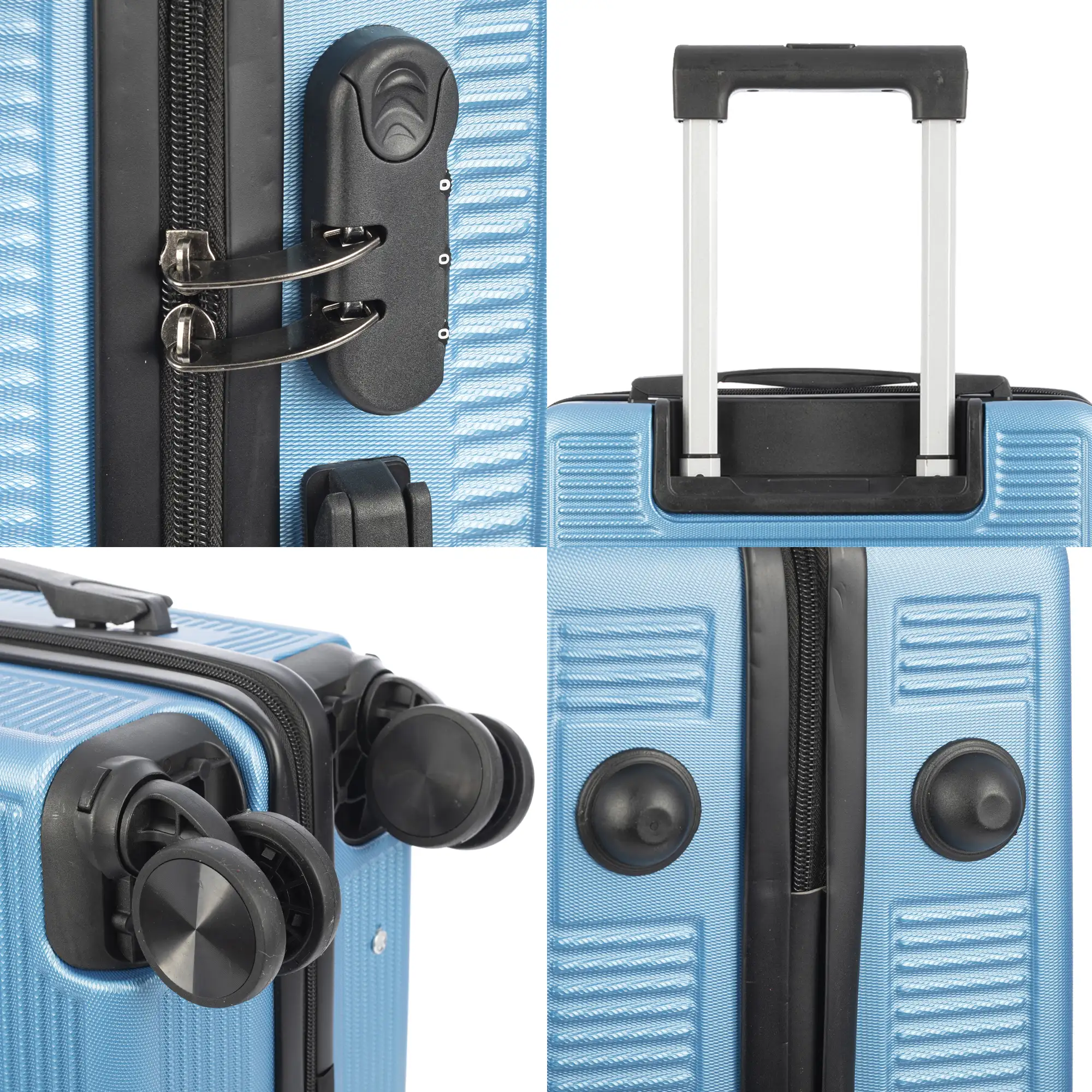 Juego de 3 maletas Trolley, en material ligero ABS de alta resistencia. Cerradura numérica y 4 ruedas dobles extraíbles y giratorias 360°.