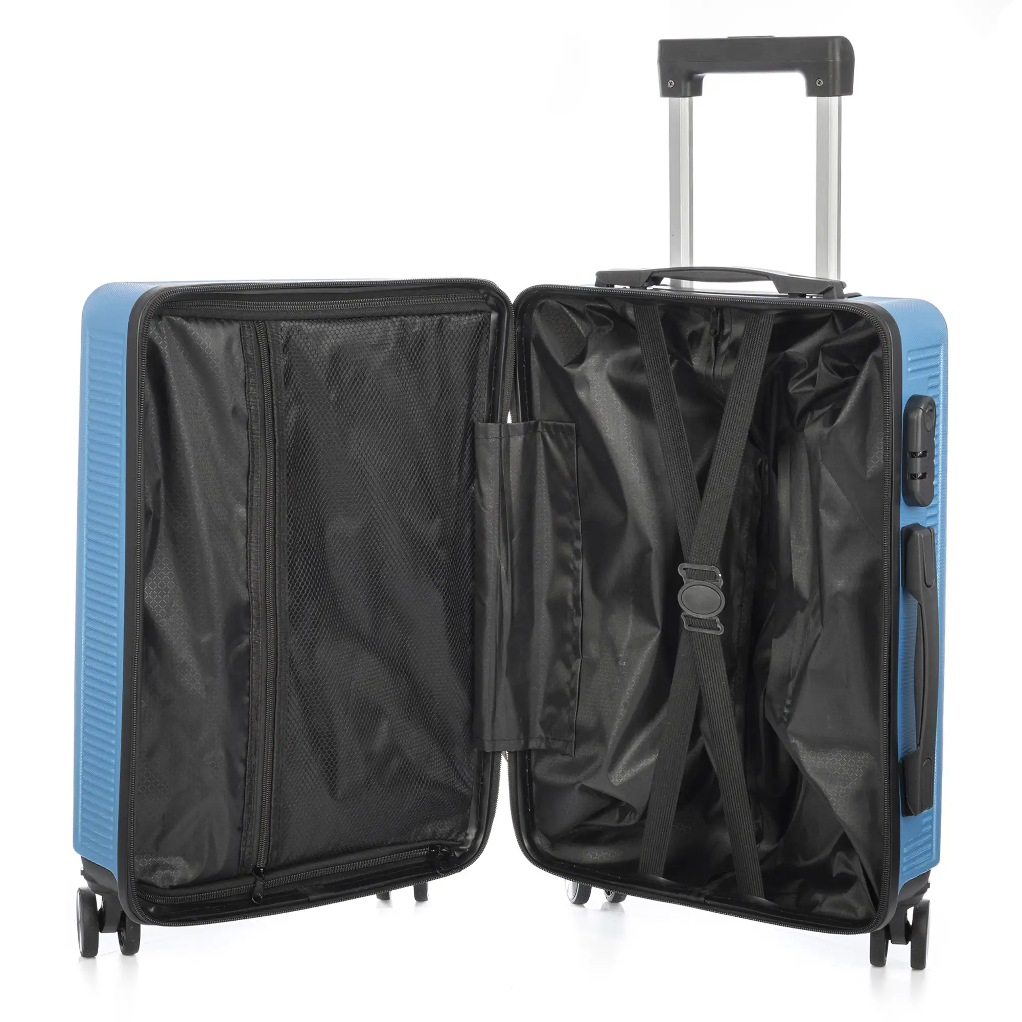 Juego de 3 maletas Trolley, en material ligero ABS de alta resistencia. Cerradura numérica y 4 ruedas dobles extraíbles y giratorias 360°.