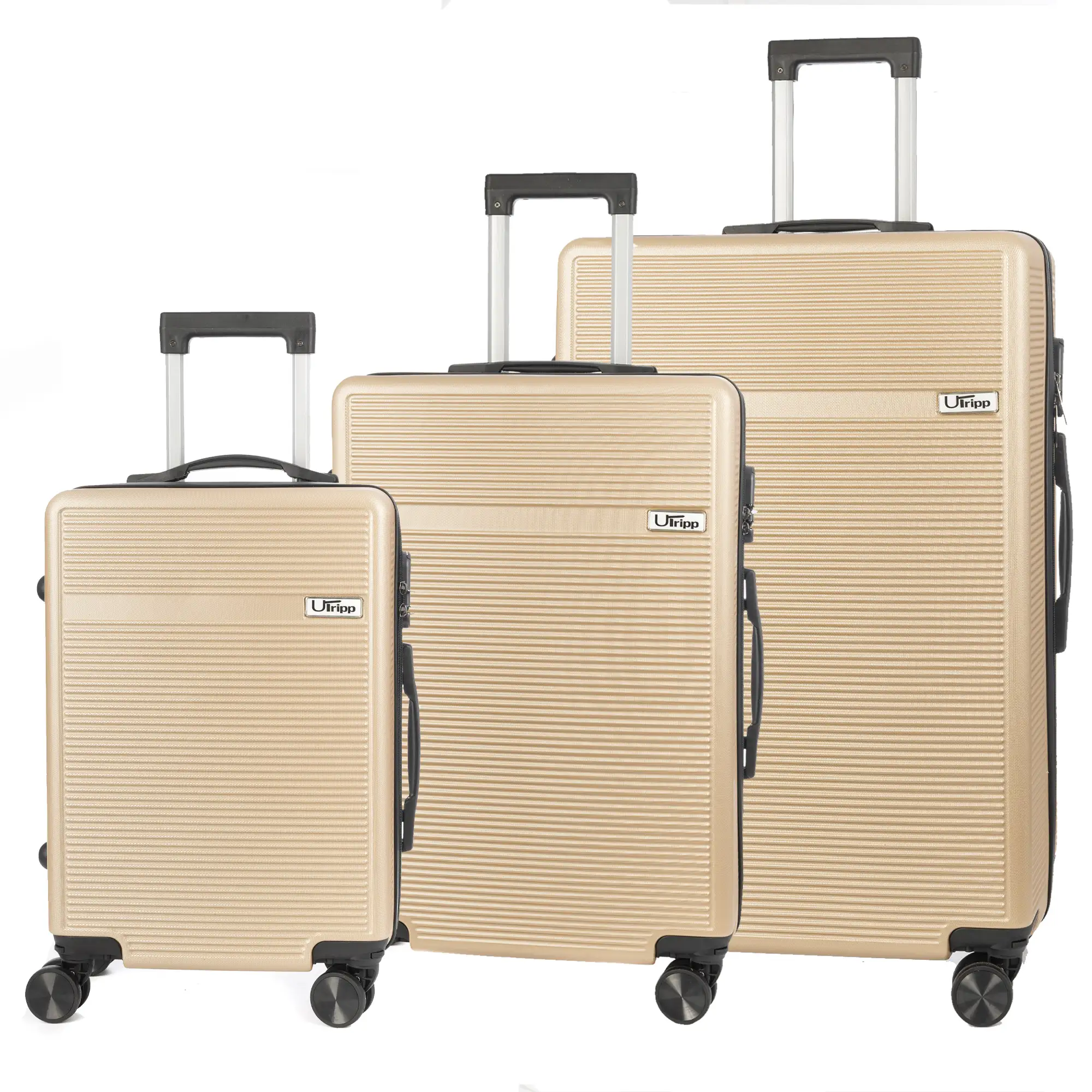 Juego de 3 maletas Trolley, en material ligero ABS de alta resistencia. Cerradura numérica y 4 ruedas dobles extraíbles y giratorias 360°.