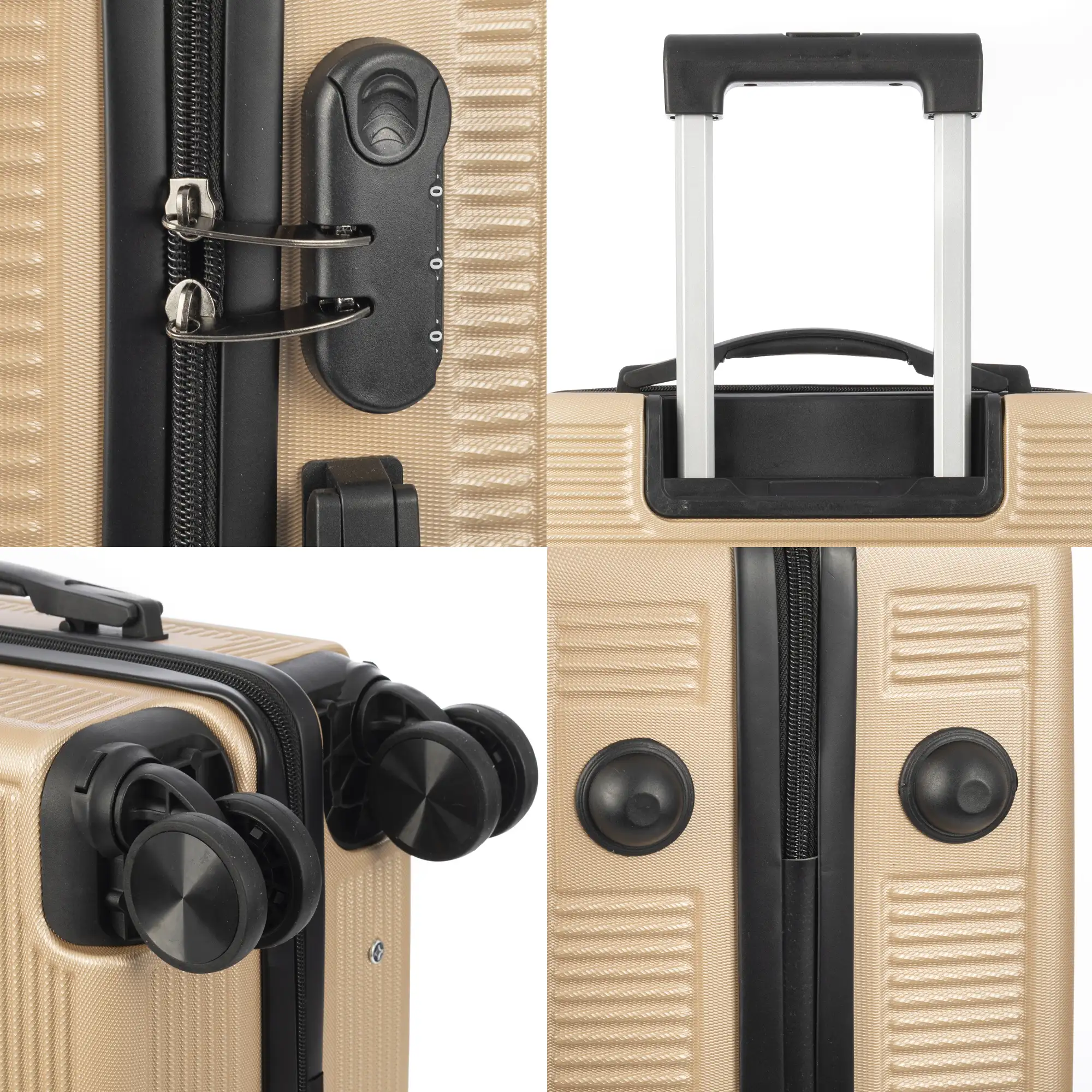 Juego de 3 maletas Trolley, en material ligero ABS de alta resistencia. Cerradura numérica y 4 ruedas dobles extraíbles y giratorias 360°.