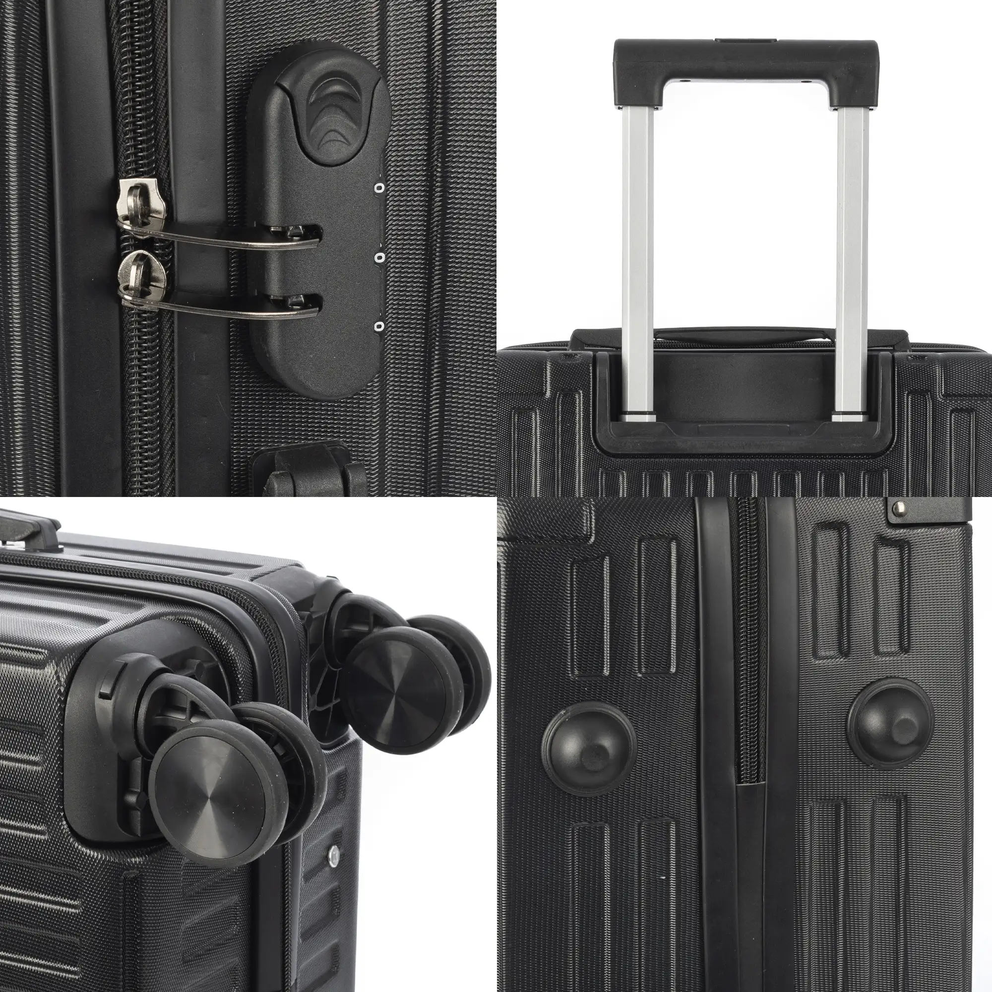 Juego de 3 maletas Trolley, en material ligero ABS de alta resistencia con esquinas reforzadas. Cerradura numérica y 4 ruedas dobles extraíbles y giratorias 360°.