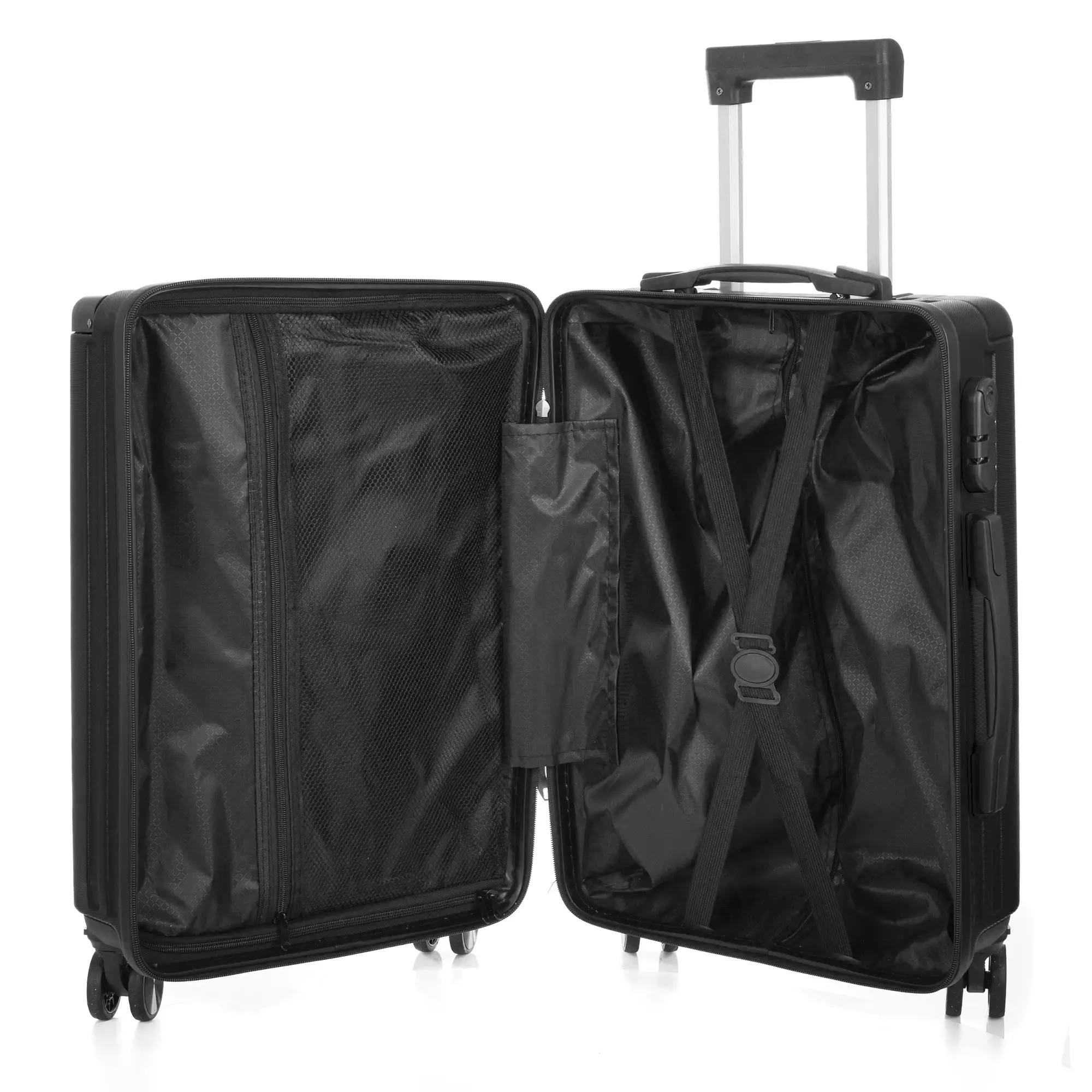 Juego de 3 maletas Trolley, en material ligero ABS de alta resistencia con esquinas reforzadas. Cerradura numérica y 4 ruedas dobles extraíbles y giratorias 360°.