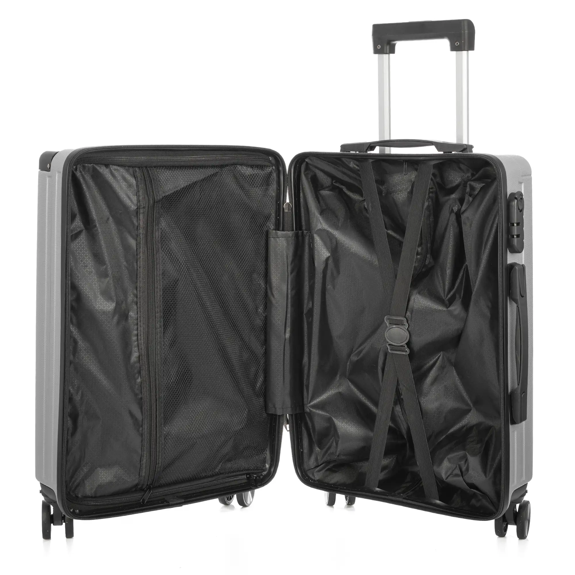 Juego de 3 maletas Trolley, en material ligero ABS de alta resistencia con esquinas reforzadas. Cerradura numérica y 4 ruedas dobles extraíbles y giratorias 360°.