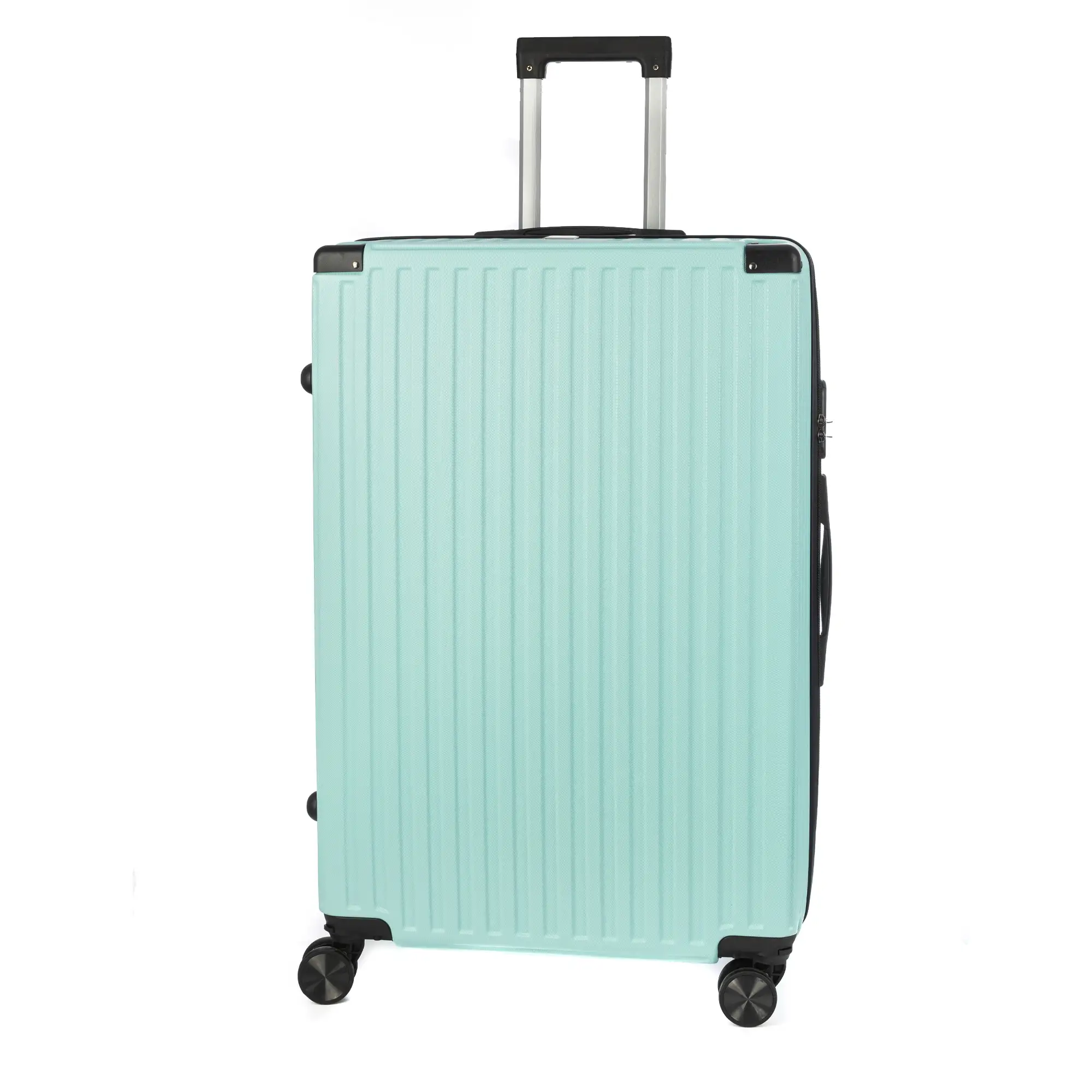 Maleta gran volumen trolley rígida ultraligera, de ABS de alta resistencia con esquinas reforzadas. Cerradura numérica y 4 ruedas dobles extraíbles y giratorias 360°.