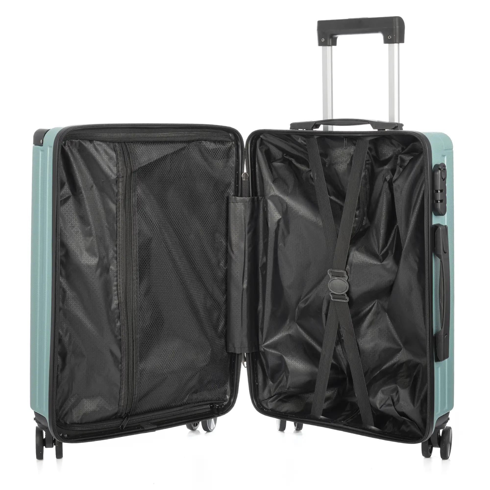 Juego de 3 maletas Trolley, en material ligero ABS de alta resistencia con esquinas reforzadas. Cerradura numérica y 4 ruedas dobles extraíbles y giratorias 360°.