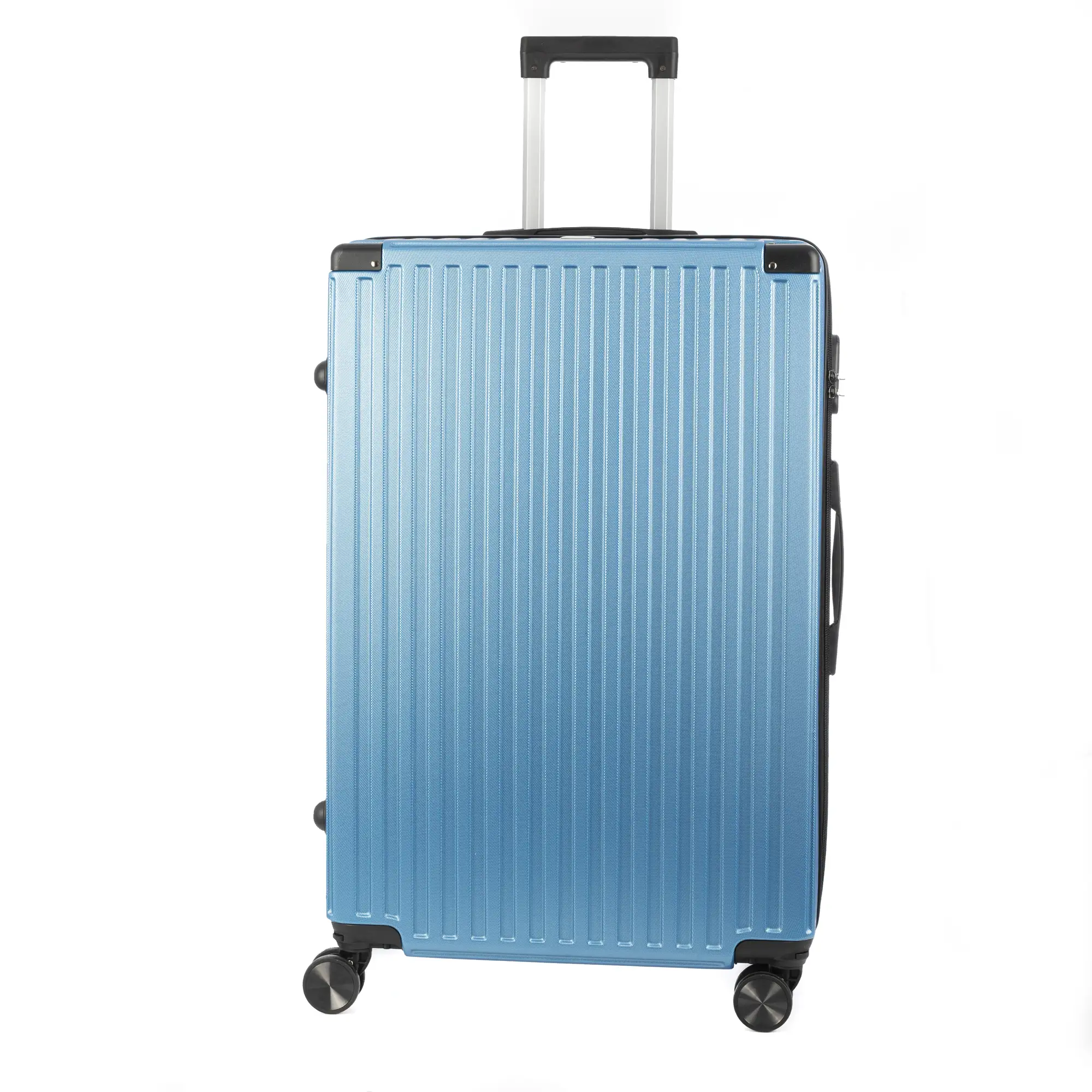 Maleta gran volumen trolley rígida ultraligera, de ABS de alta resistencia con esquinas reforzadas. Cerradura numérica y 4 ruedas dobles extraíbles y giratorias 360°.