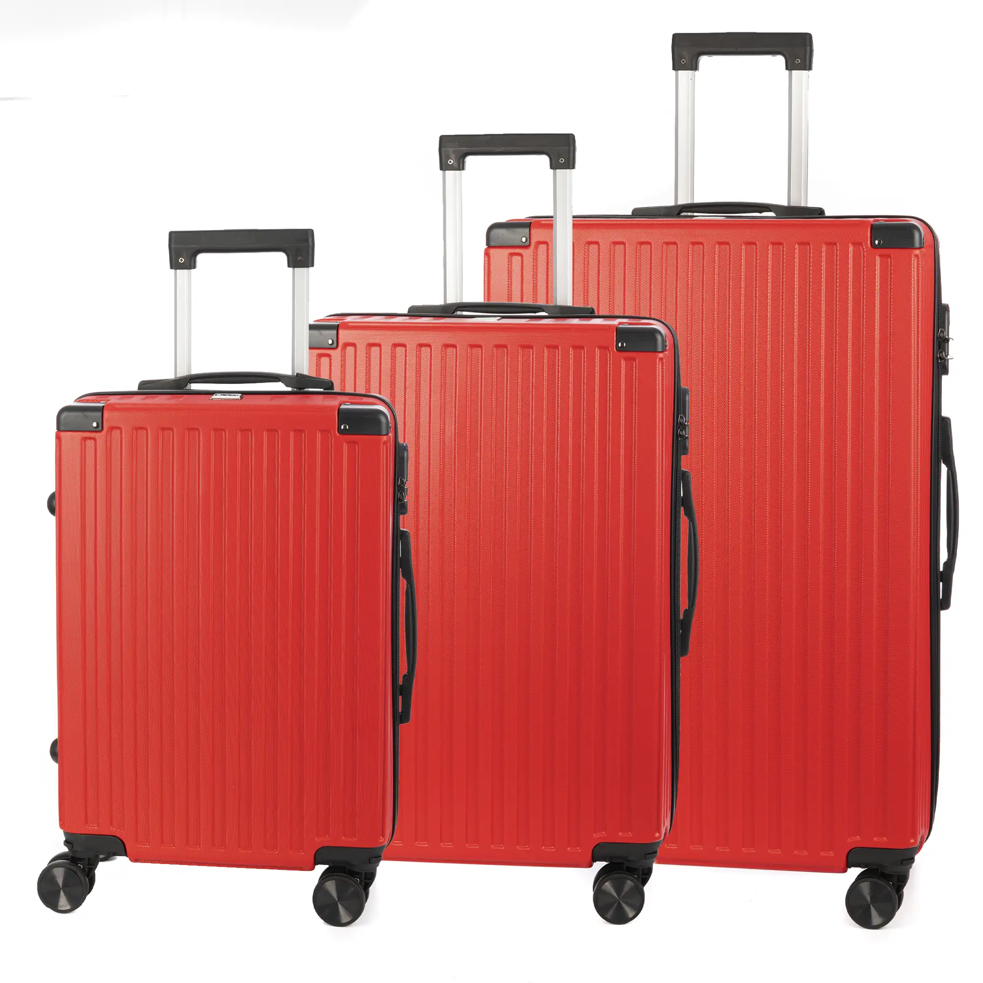 Juego de 3 maletas Trolley, en material ligero ABS de alta resistencia con esquinas reforzadas. Cerradura numérica y 4 ruedas dobles extraíbles y giratorias 360°.