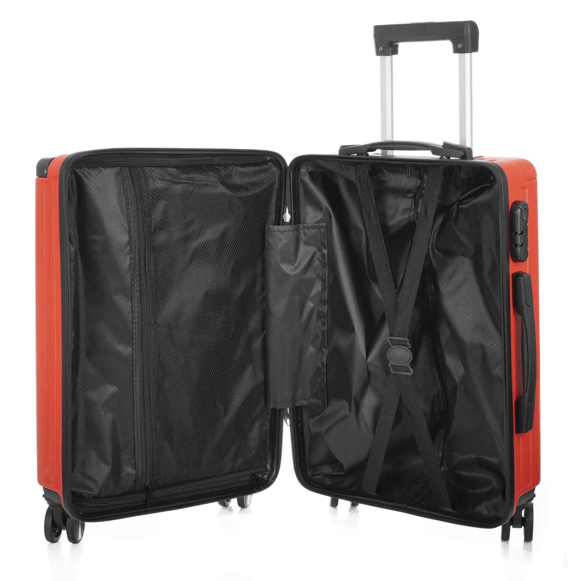 Juego de 3 maletas Trolley, en material ligero ABS de alta resistencia con esquinas reforzadas. Cerradura numérica y 4 ruedas dobles extraíbles y giratorias 360°.