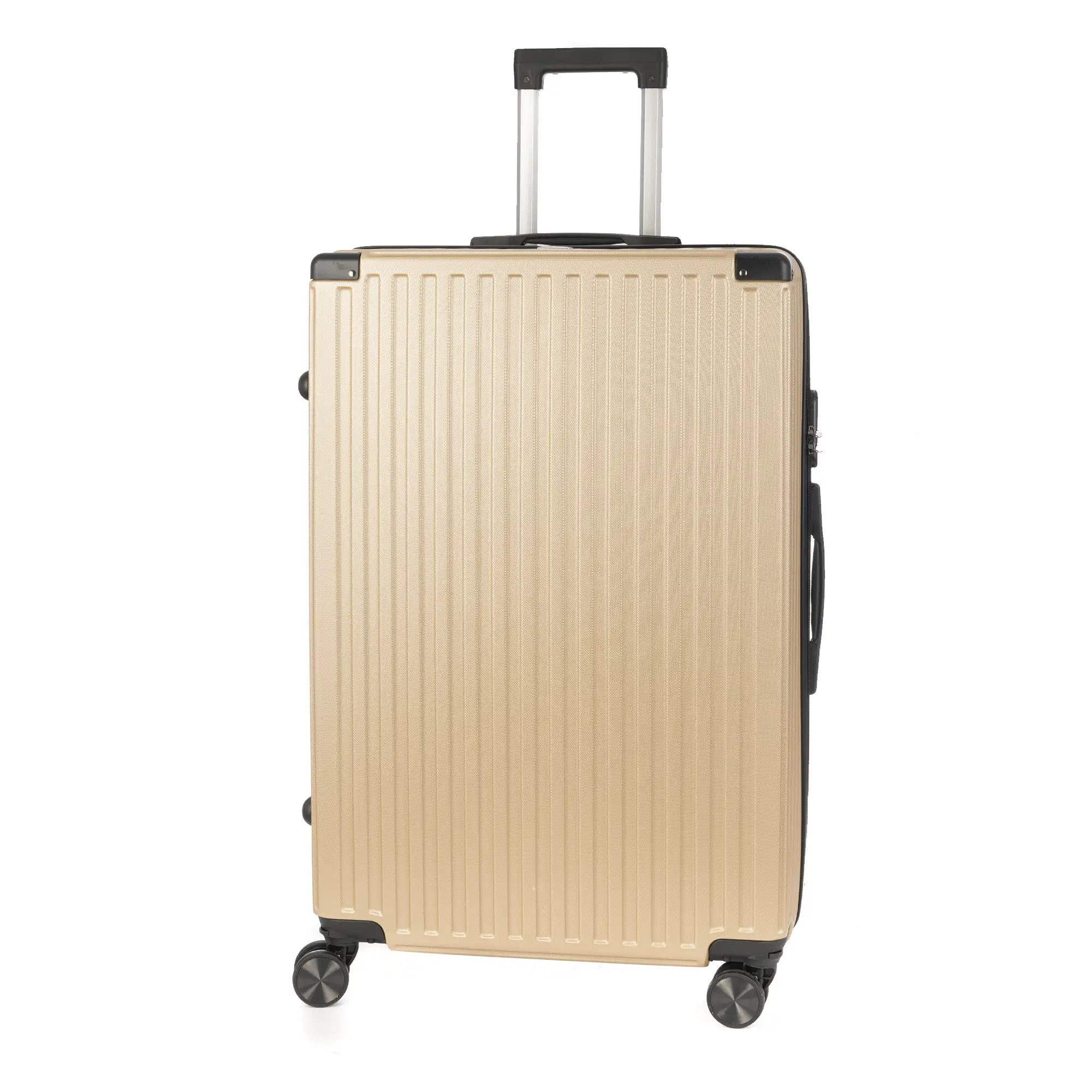 Maleta gran volumen trolley rígida ultraligera, de ABS de alta resistencia con esquinas reforzadas. Cerradura numérica y 4 ruedas dobles extraíbles y giratorias 360°.