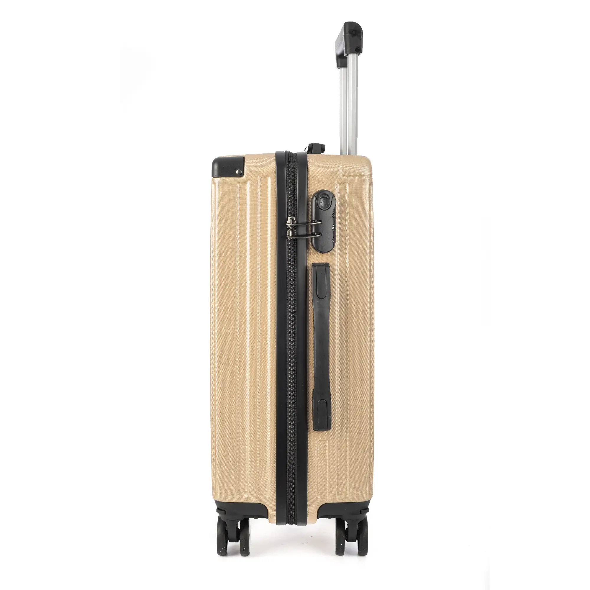 Maleta gran volumen trolley rígida ultraligera, de ABS de alta resistencia con esquinas reforzadas. Cerradura numérica y 4 ruedas dobles extraíbles y giratorias 360°.