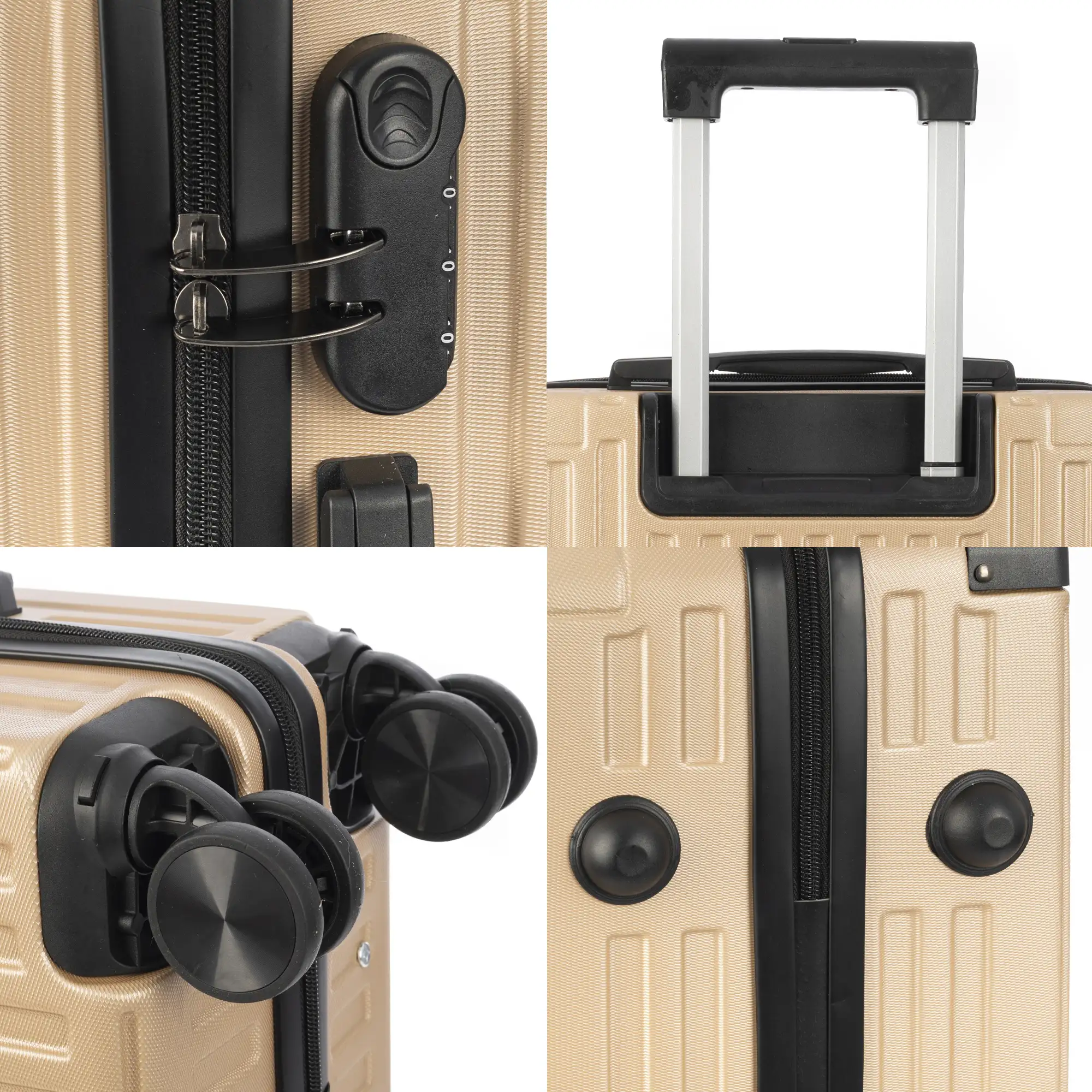 Maleta gran volumen trolley rígida ultraligera, de ABS de alta resistencia con esquinas reforzadas. Cerradura numérica y 4 ruedas dobles extraíbles y giratorias 360°.