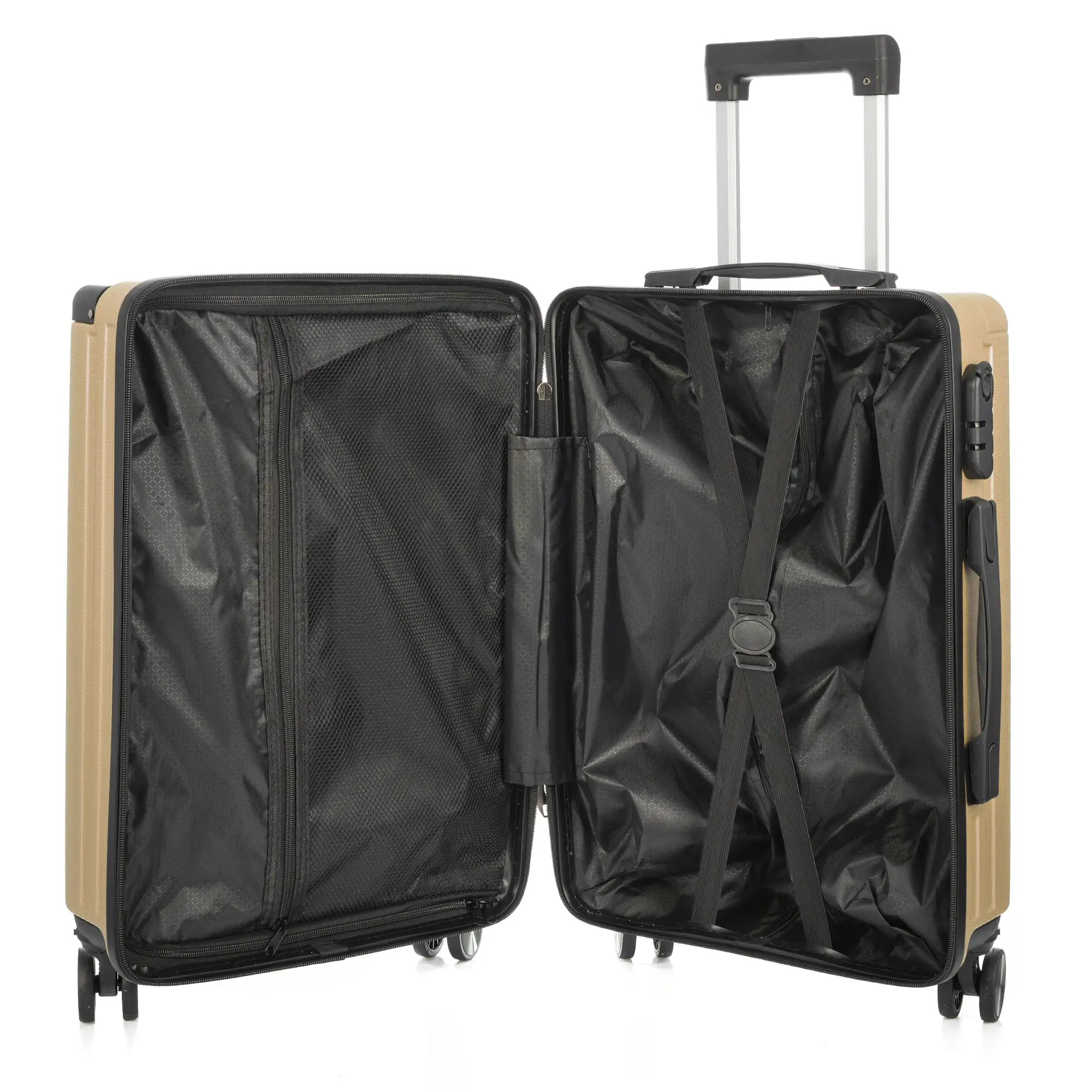 Maleta gran volumen trolley rígida ultraligera, de ABS de alta resistencia con esquinas reforzadas. Cerradura numérica y 4 ruedas dobles extraíbles y giratorias 360°.