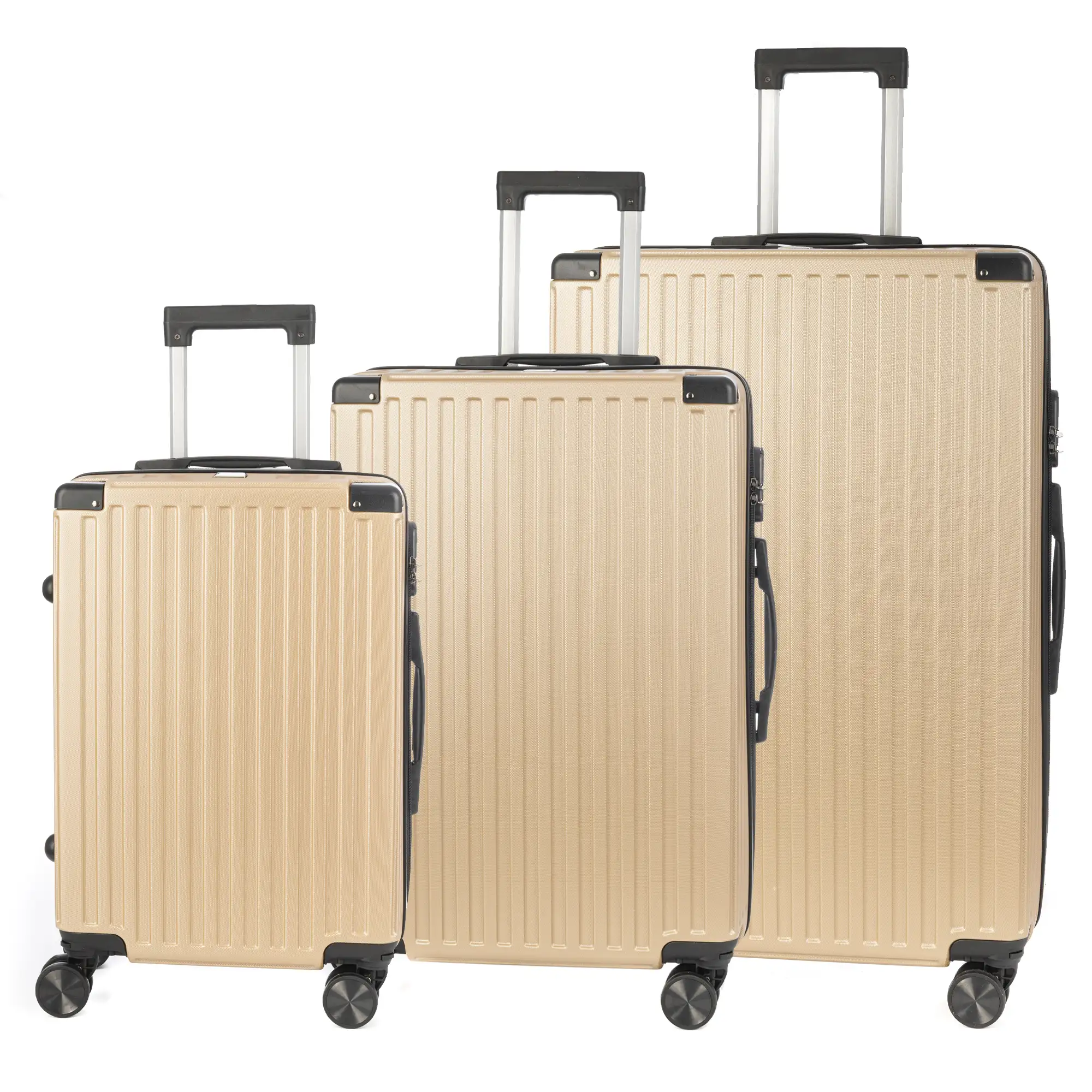Juego de 3 maletas Trolley, en material ligero ABS de alta resistencia con esquinas reforzadas. Cerradura numérica y 4 ruedas dobles extraíbles y giratorias 360°.