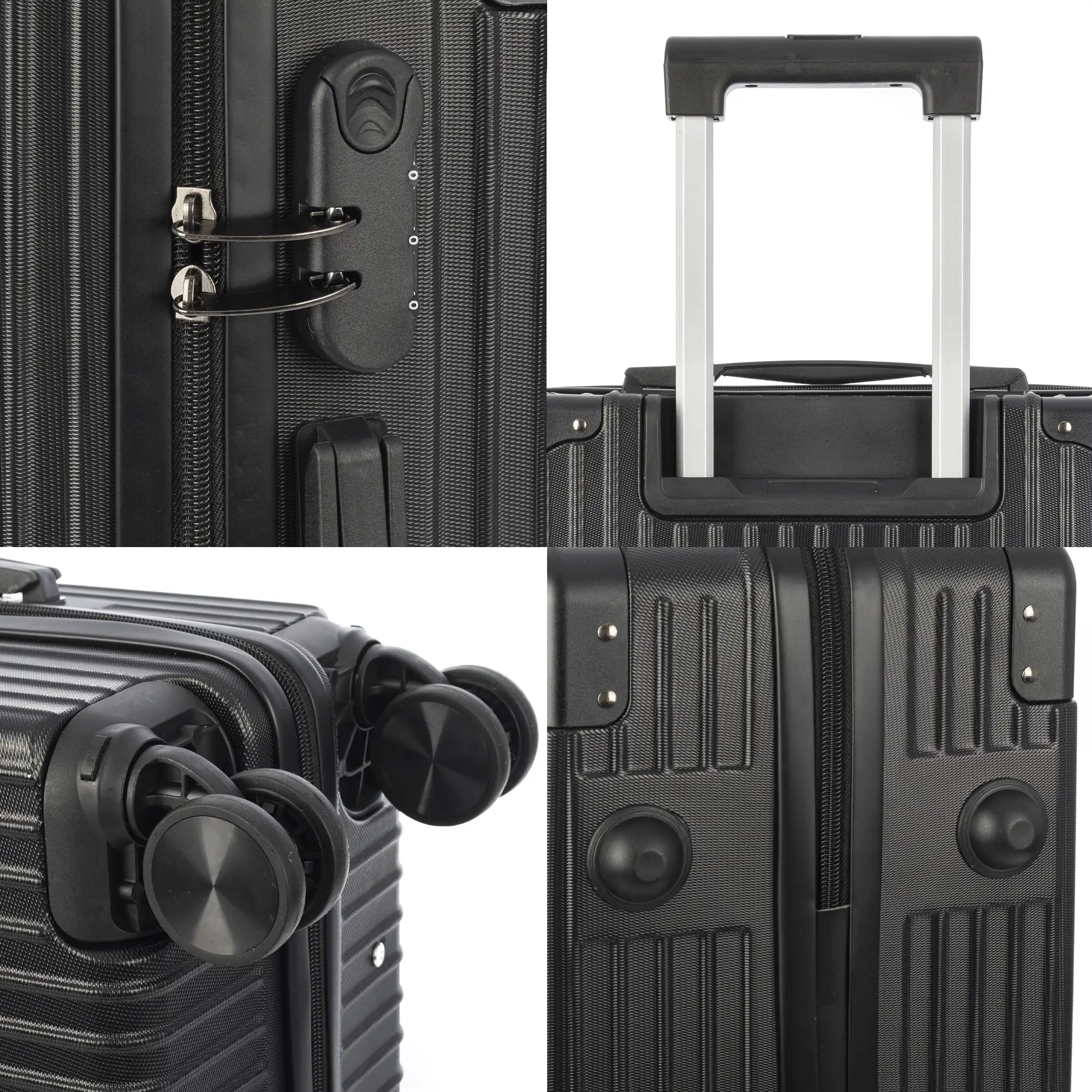 Juego de 3 maletas Trolley, en material ligero ABS de alta resistencia con esquinas reforzadas. Cerradura numérica y 4 ruedas dobles extraíbles y giratorias 360°.