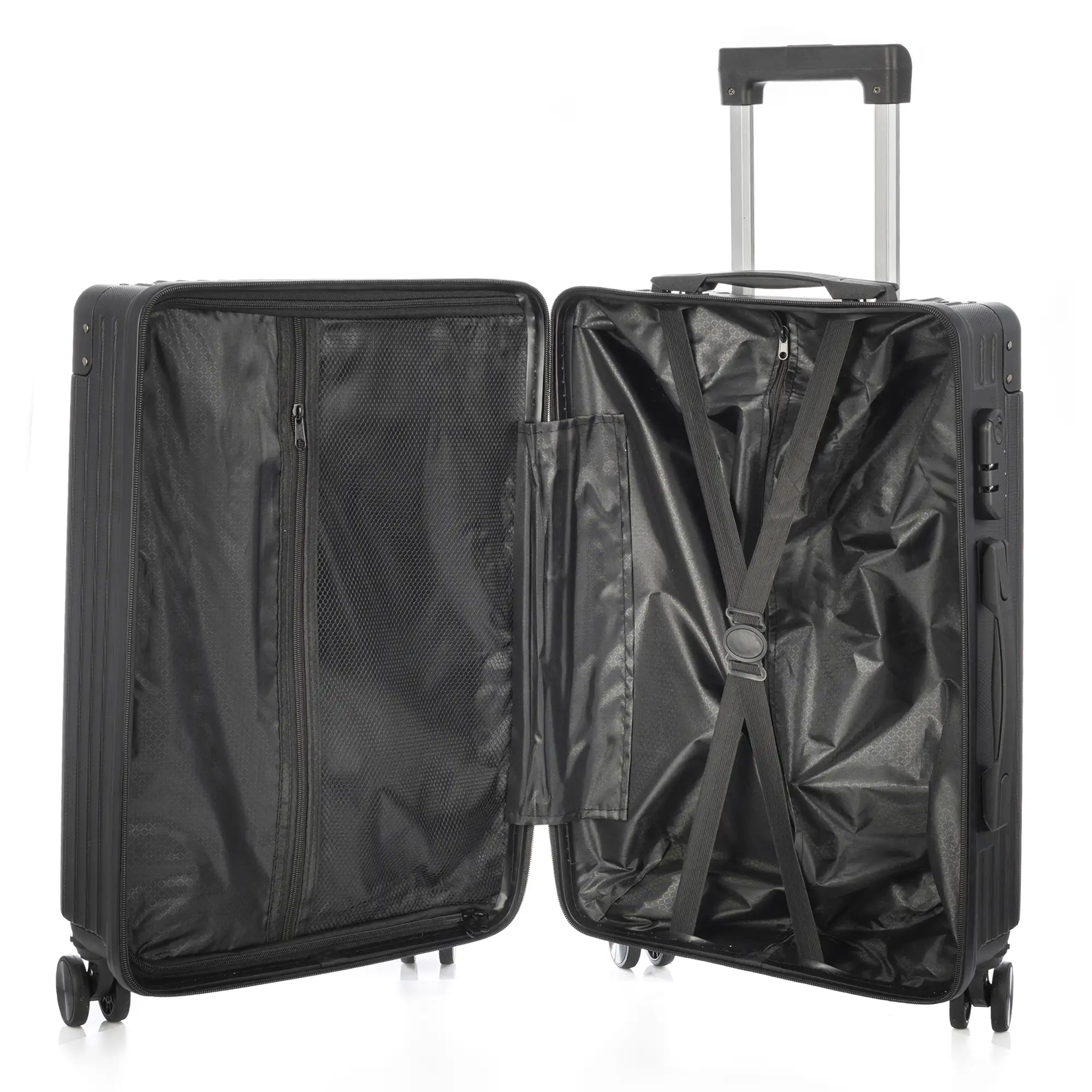 Juego de 3 maletas Trolley, en material ligero ABS de alta resistencia con esquinas reforzadas. Cerradura numérica y 4 ruedas dobles extraíbles y giratorias 360°.