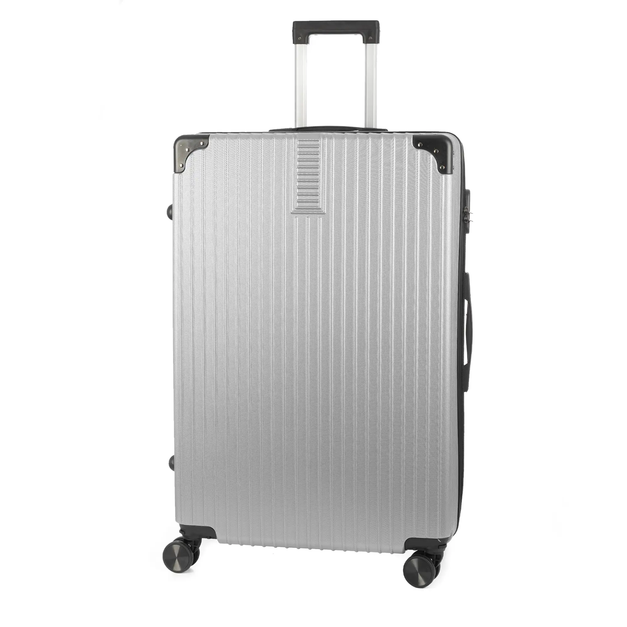 Maleta gran volumen trolley rígida ultraligera, de ABS de alta resistencia con esquinas reforzadas. Cerradura numérica y 4 ruedas dobles extraíbles y giratorias 360°.