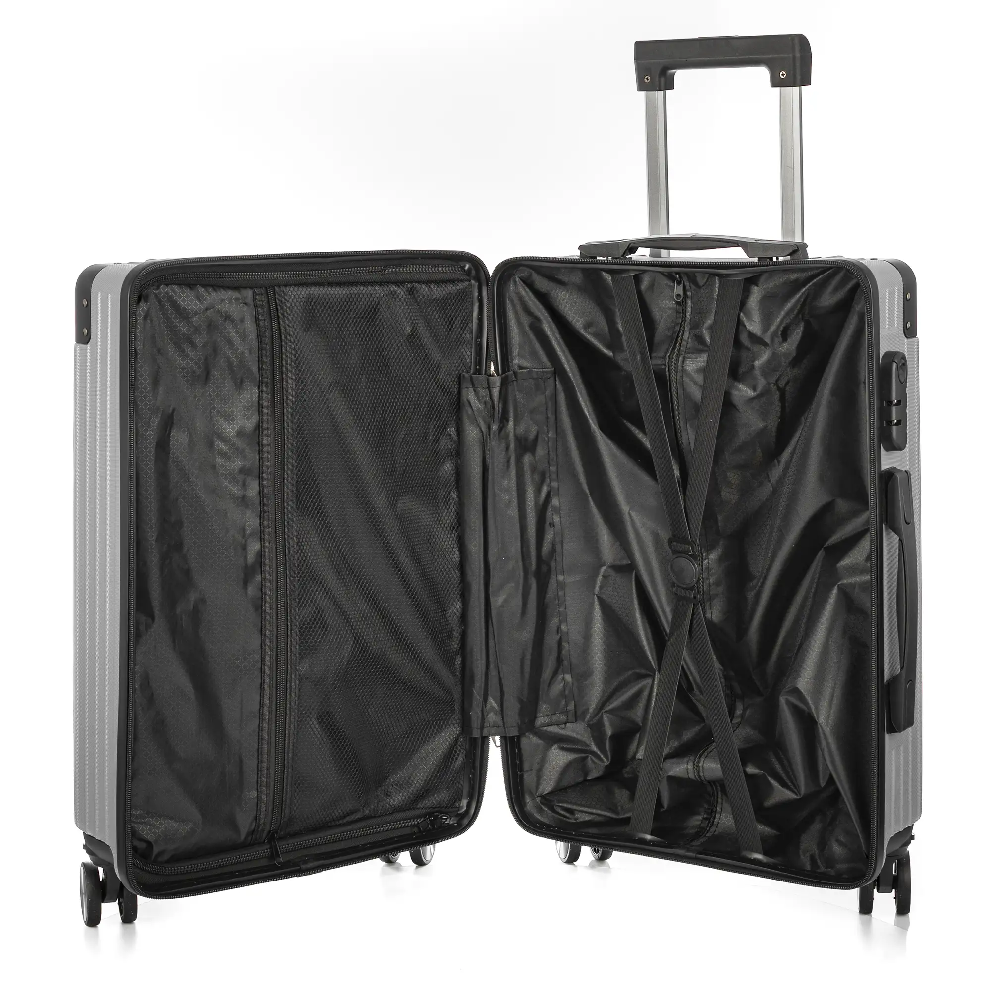 Juego de 3 maletas Trolley, en material ligero ABS de alta resistencia con esquinas reforzadas. Cerradura numérica y 4 ruedas dobles extraíbles y giratorias 360°.