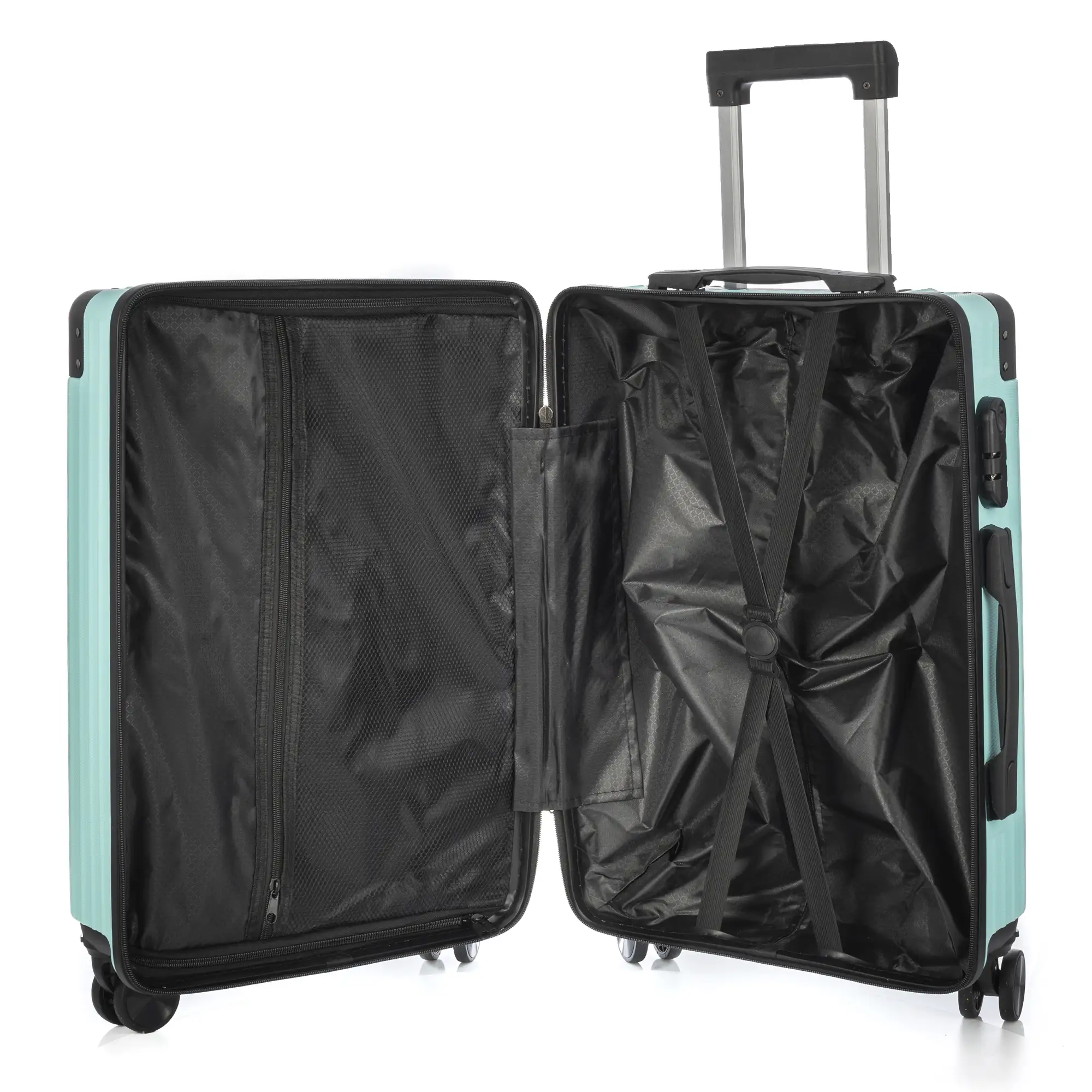 Juego de 3 maletas Trolley, en material ligero ABS de alta resistencia con esquinas reforzadas. Cerradura numérica y 4 ruedas dobles extraíbles y giratorias 360°.
