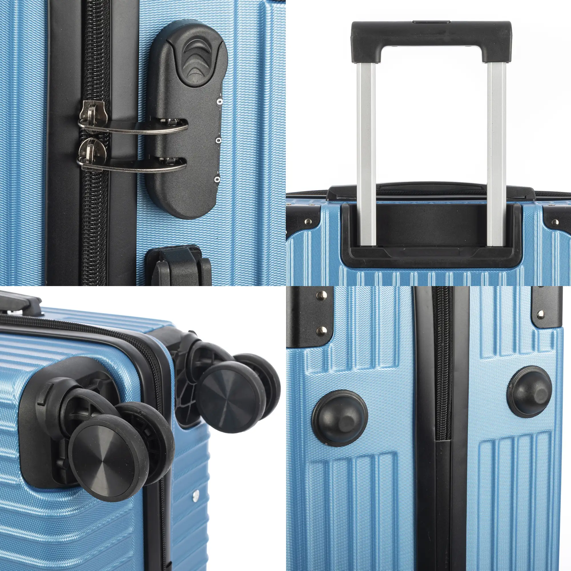 Juego de 3 maletas Trolley, en material ligero ABS de alta resistencia con esquinas reforzadas. Cerradura numérica y 4 ruedas dobles extraíbles y giratorias 360°.