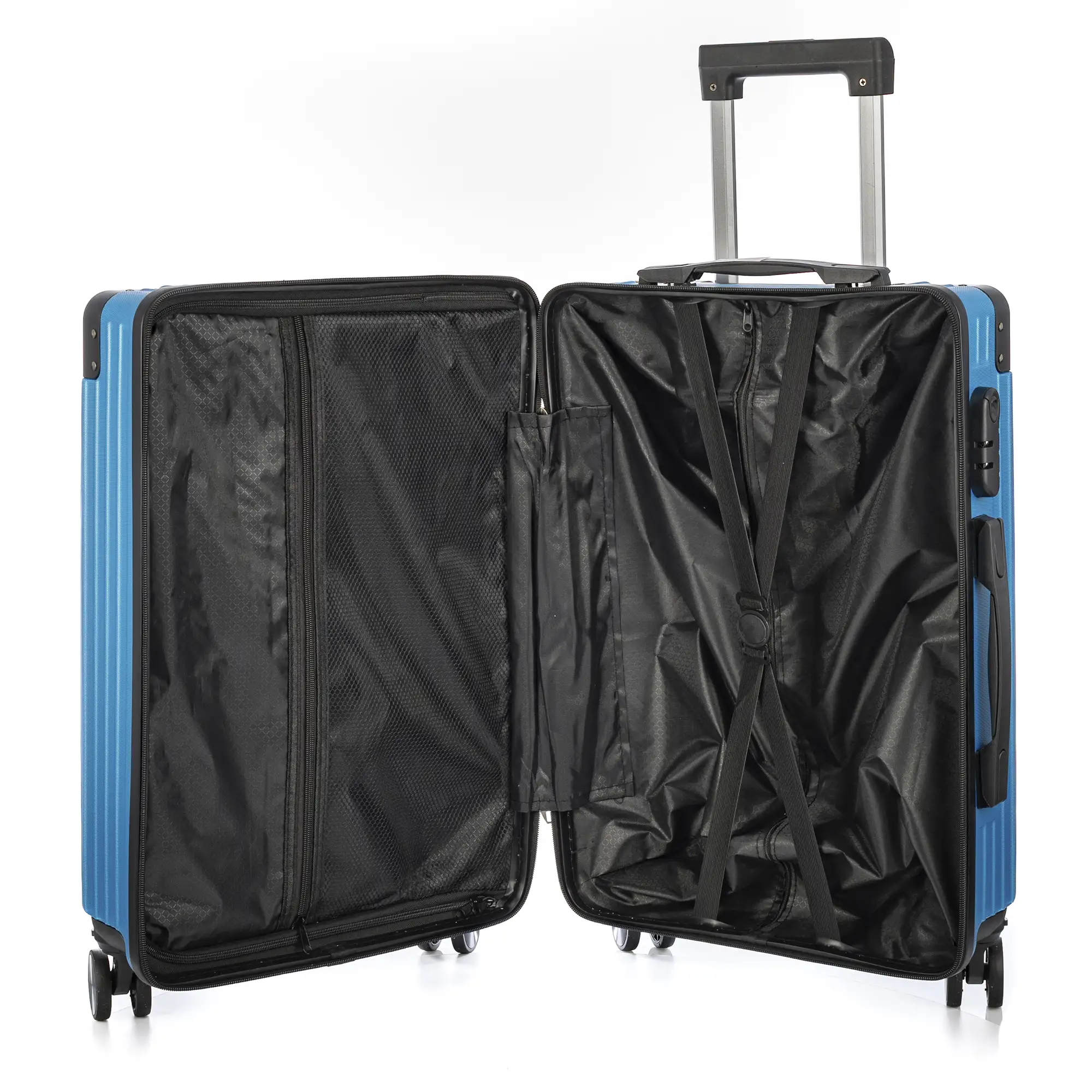 Juego de 3 maletas Trolley, en material ligero ABS de alta resistencia con esquinas reforzadas. Cerradura numérica y 4 ruedas dobles extraíbles y giratorias 360°.