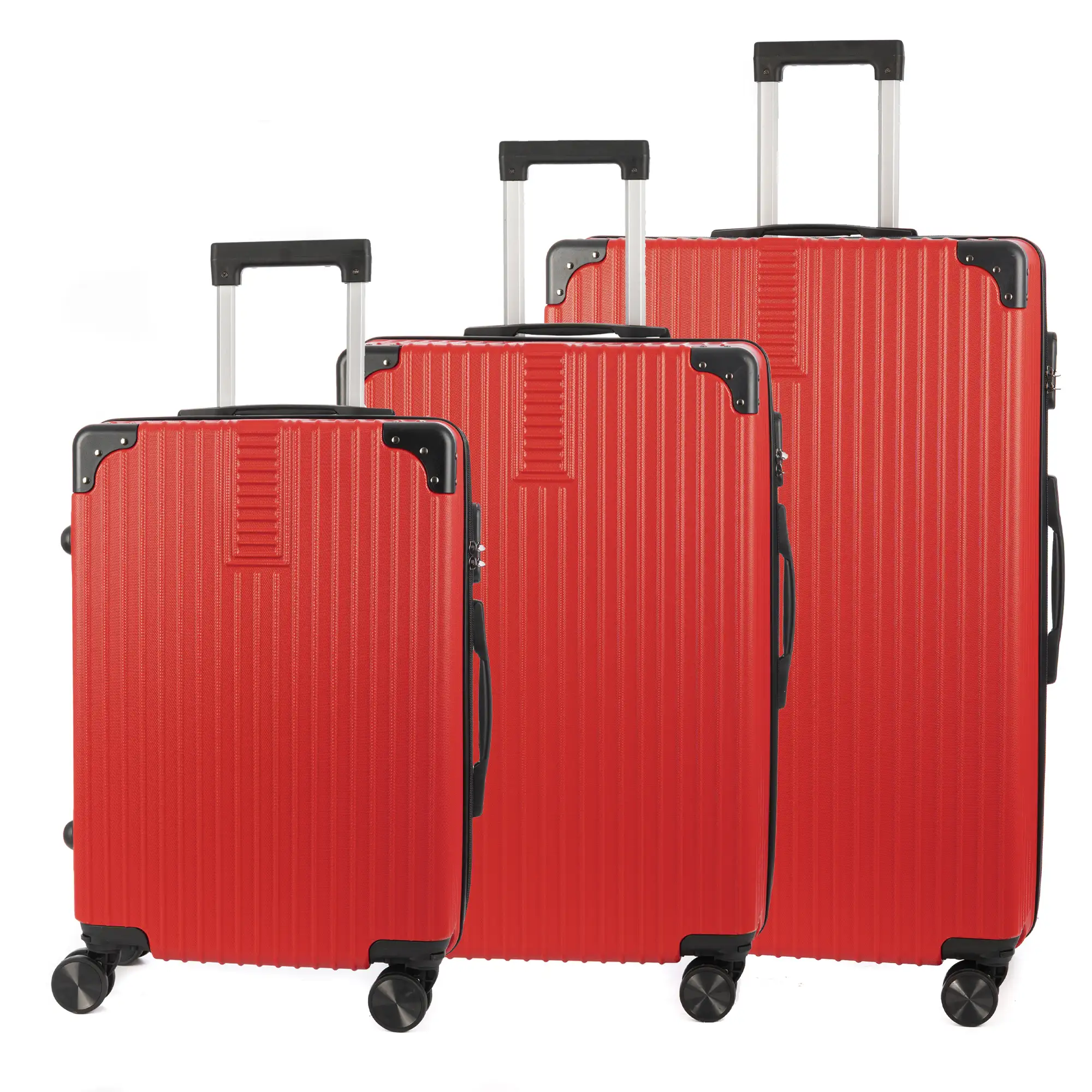 Juego de 3 maletas Trolley, en material ligero ABS de alta resistencia con esquinas reforzadas. Cerradura numérica y 4 ruedas dobles extraíbles y giratorias 360°.