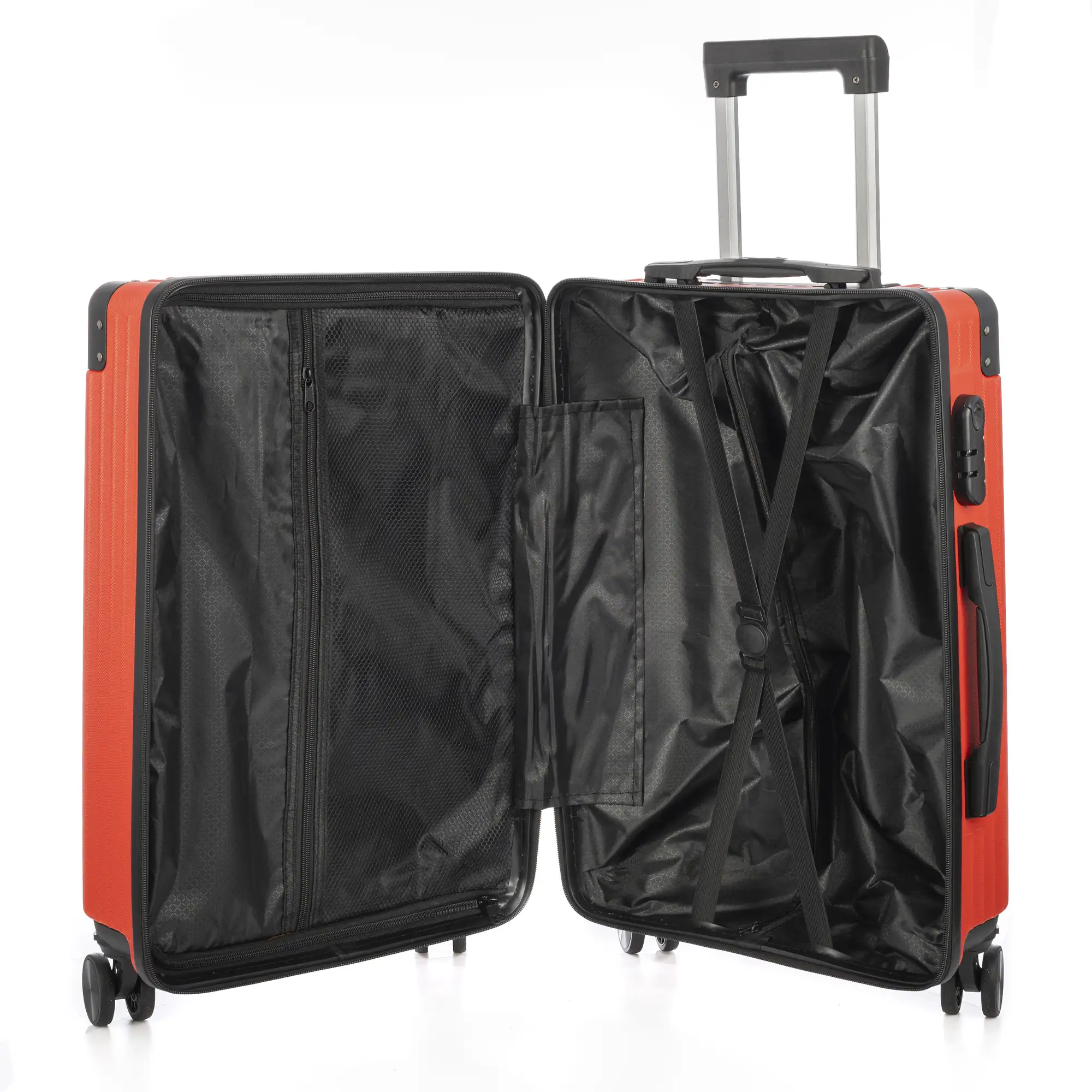 Juego de 3 maletas Trolley, en material ligero ABS de alta resistencia con esquinas reforzadas. Cerradura numérica y 4 ruedas dobles extraíbles y giratorias 360°.