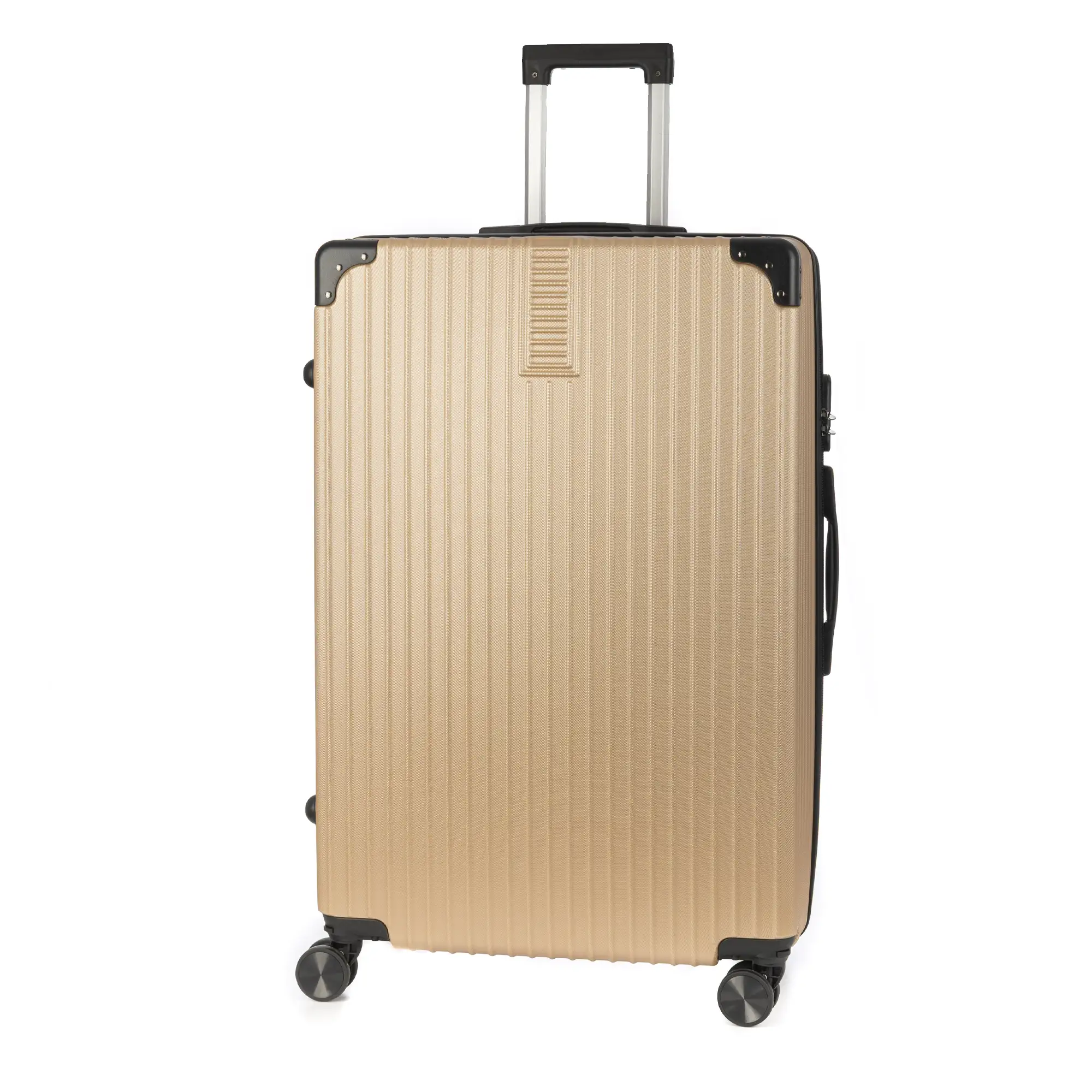 Maleta gran volumen trolley rígida ultraligera, de ABS de alta resistencia con esquinas reforzadas. Cerradura numérica y 4 ruedas dobles extraíbles y giratorias 360°.
