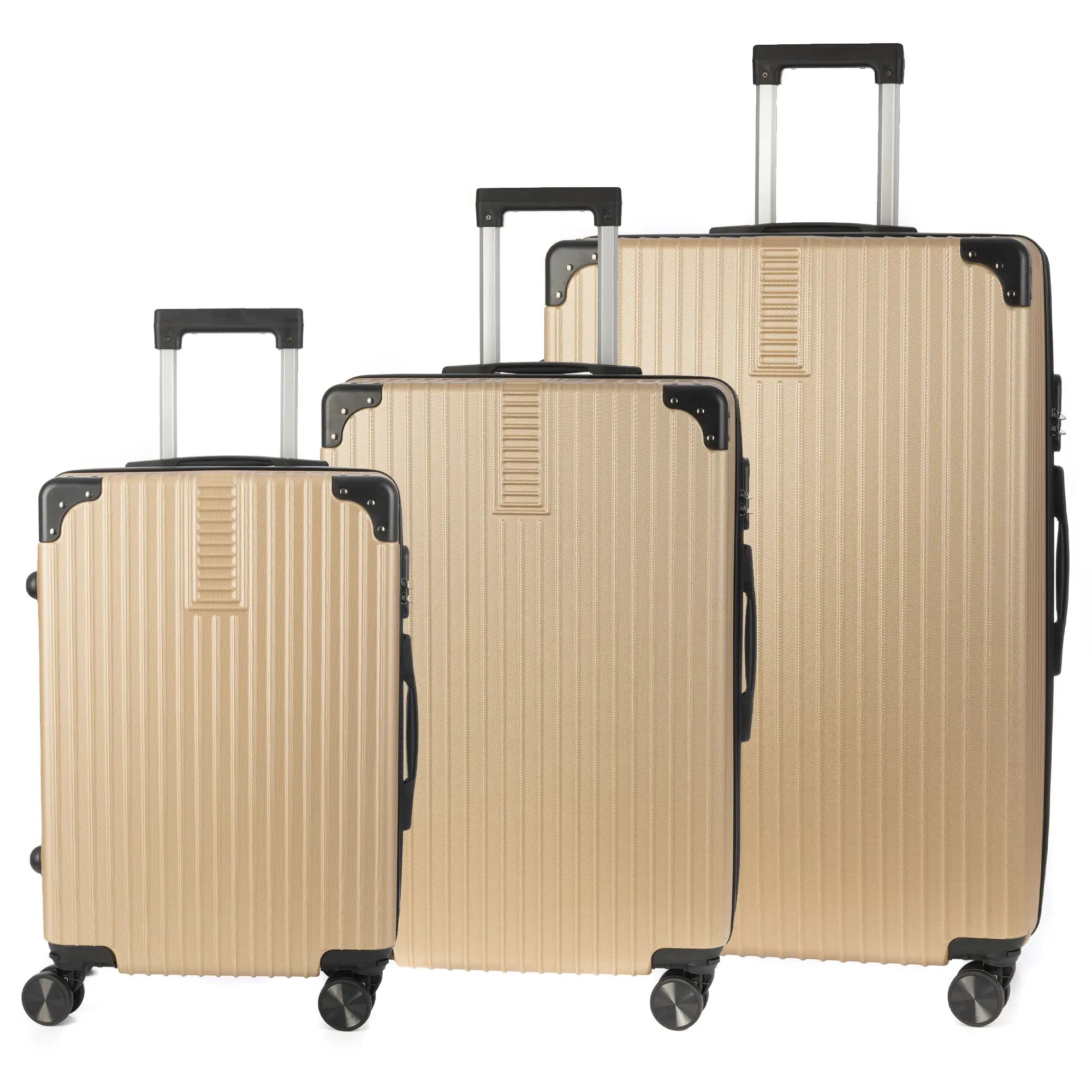 Juego de 3 maletas Trolley, en material ligero ABS de alta resistencia con esquinas reforzadas. Cerradura numérica y 4 ruedas dobles extraíbles y giratorias 360°.