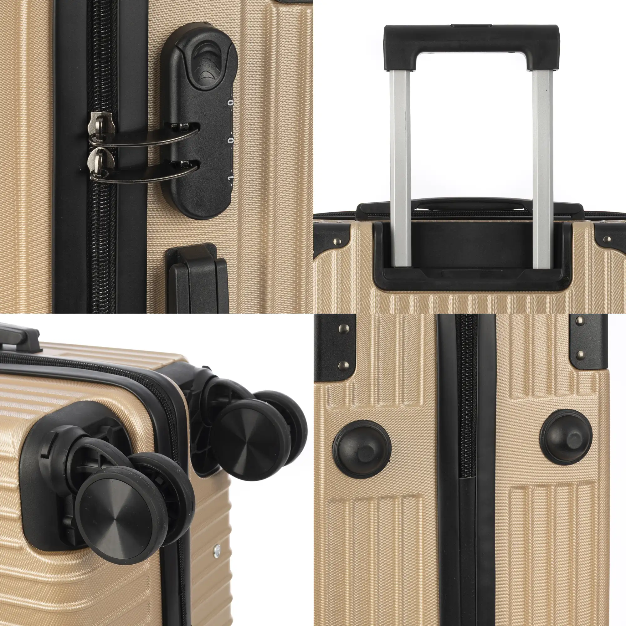 Juego de 3 maletas Trolley, en material ligero ABS de alta resistencia con esquinas reforzadas. Cerradura numérica y 4 ruedas dobles extraíbles y giratorias 360°.