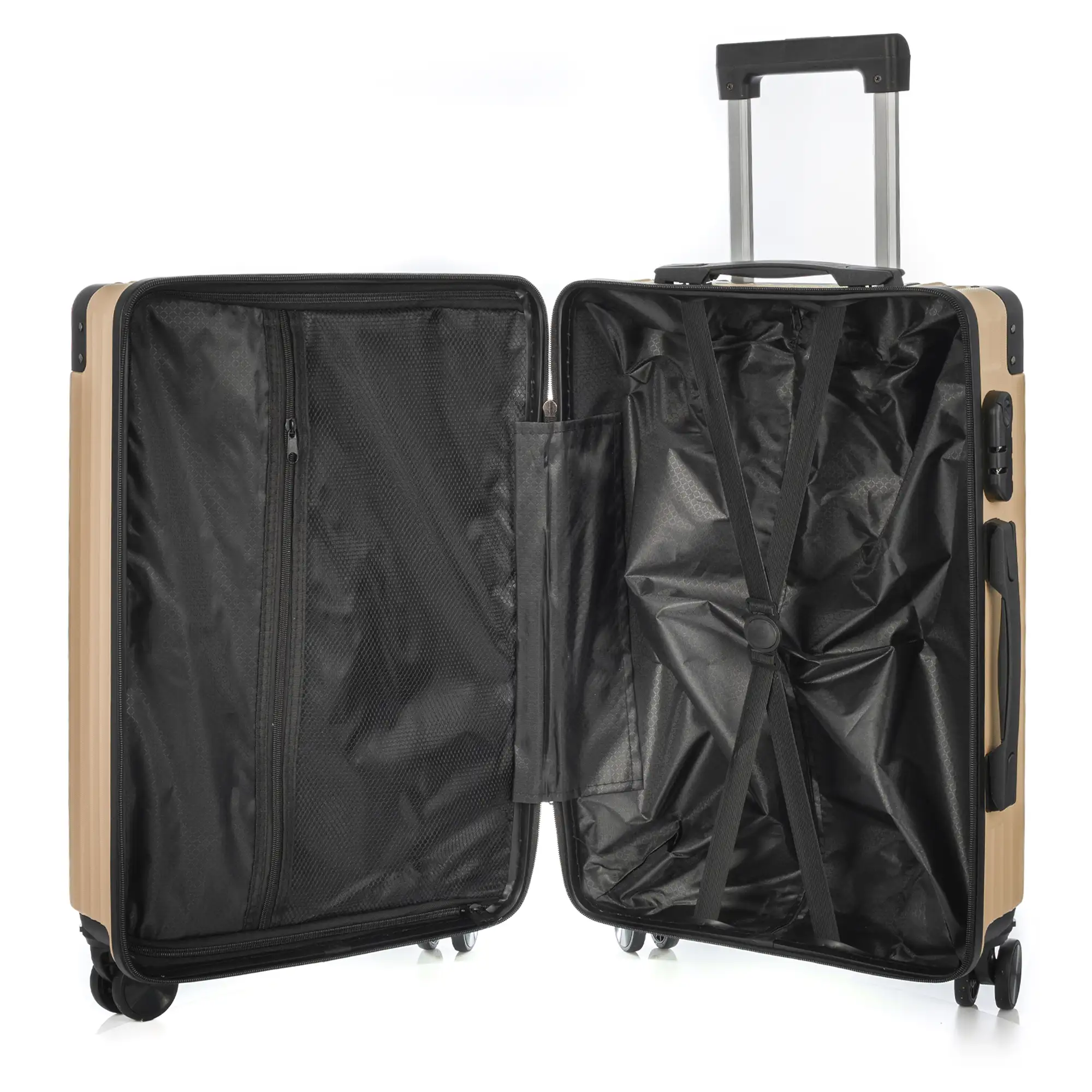Juego de 3 maletas Trolley, en material ligero ABS de alta resistencia con esquinas reforzadas. Cerradura numérica y 4 ruedas dobles extraíbles y giratorias 360°.