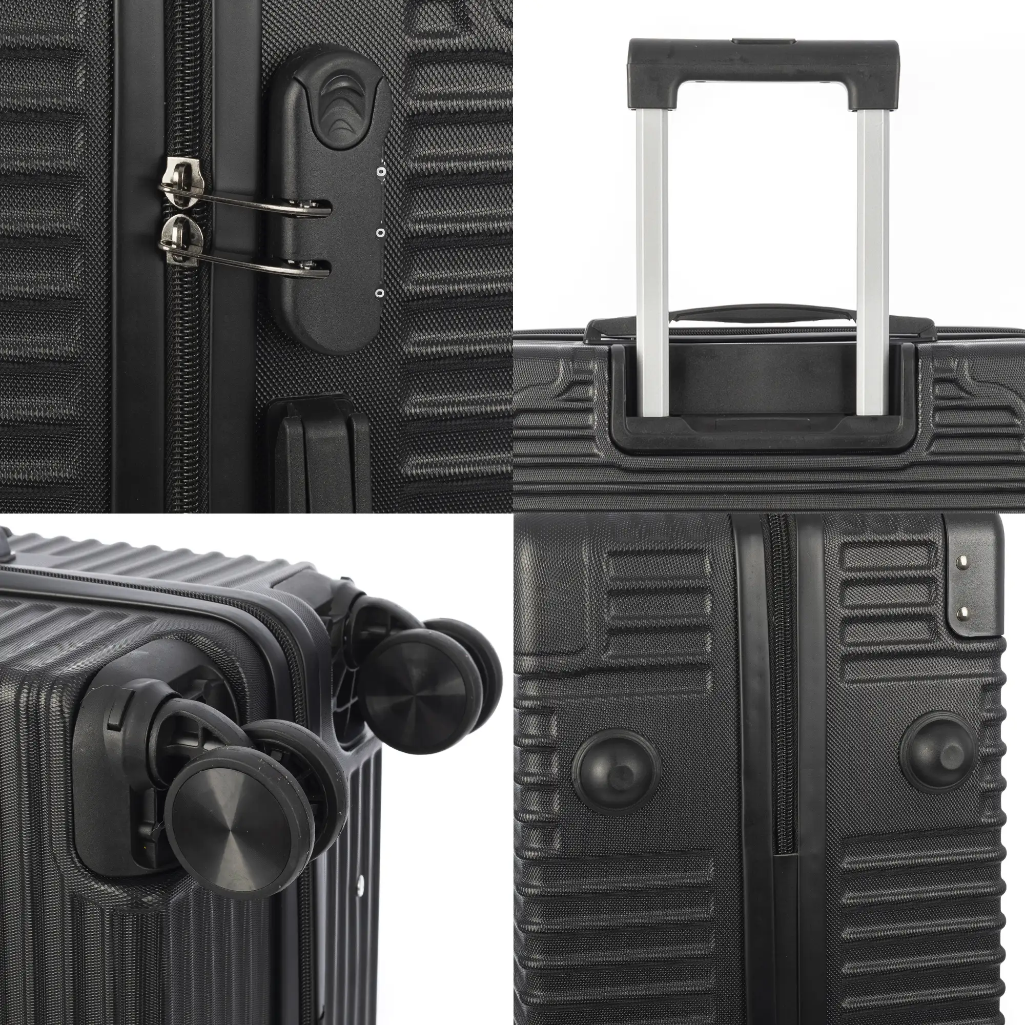 Juego de 3 maletas Trolley, en material ligero ABS de alta resistencia con esquinas reforzadas. Cerradura numérica y 4 ruedas dobles extraíbles y giratorias 360°.