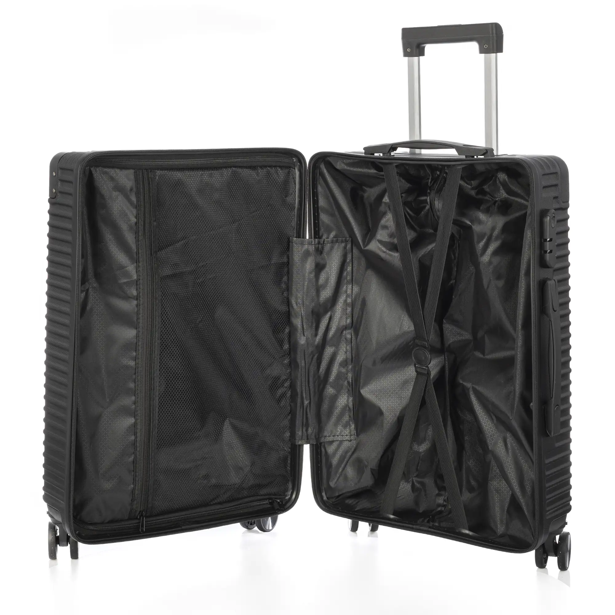 Juego de 3 maletas Trolley, en material ligero ABS de alta resistencia con esquinas reforzadas. Cerradura numérica y 4 ruedas dobles extraíbles y giratorias 360°.